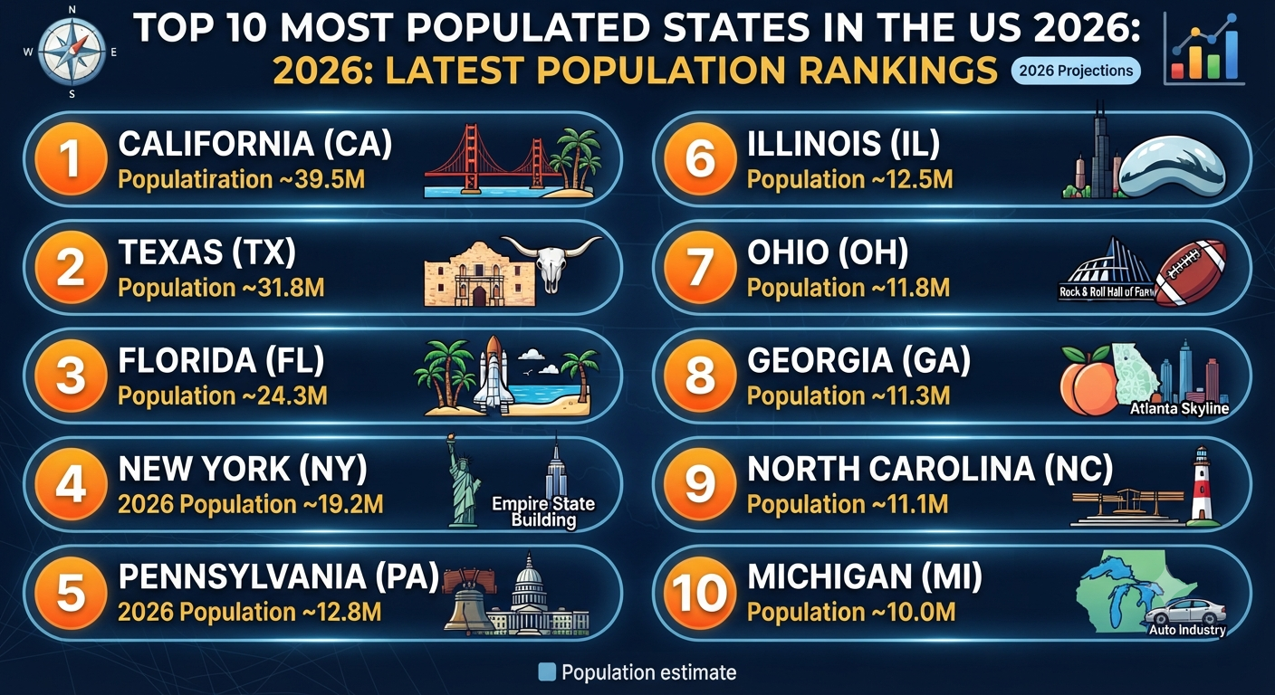 Top 10 Most Populated States in the US 2026: Latest Population Rankings