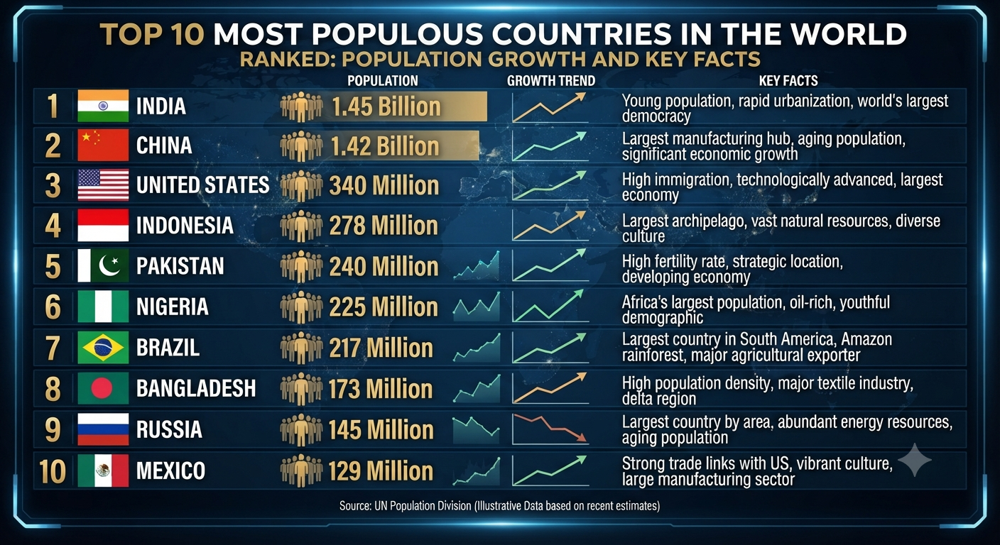 Top 10 Most Populous Countries in the World Ranked: Population Growth and Key Facts