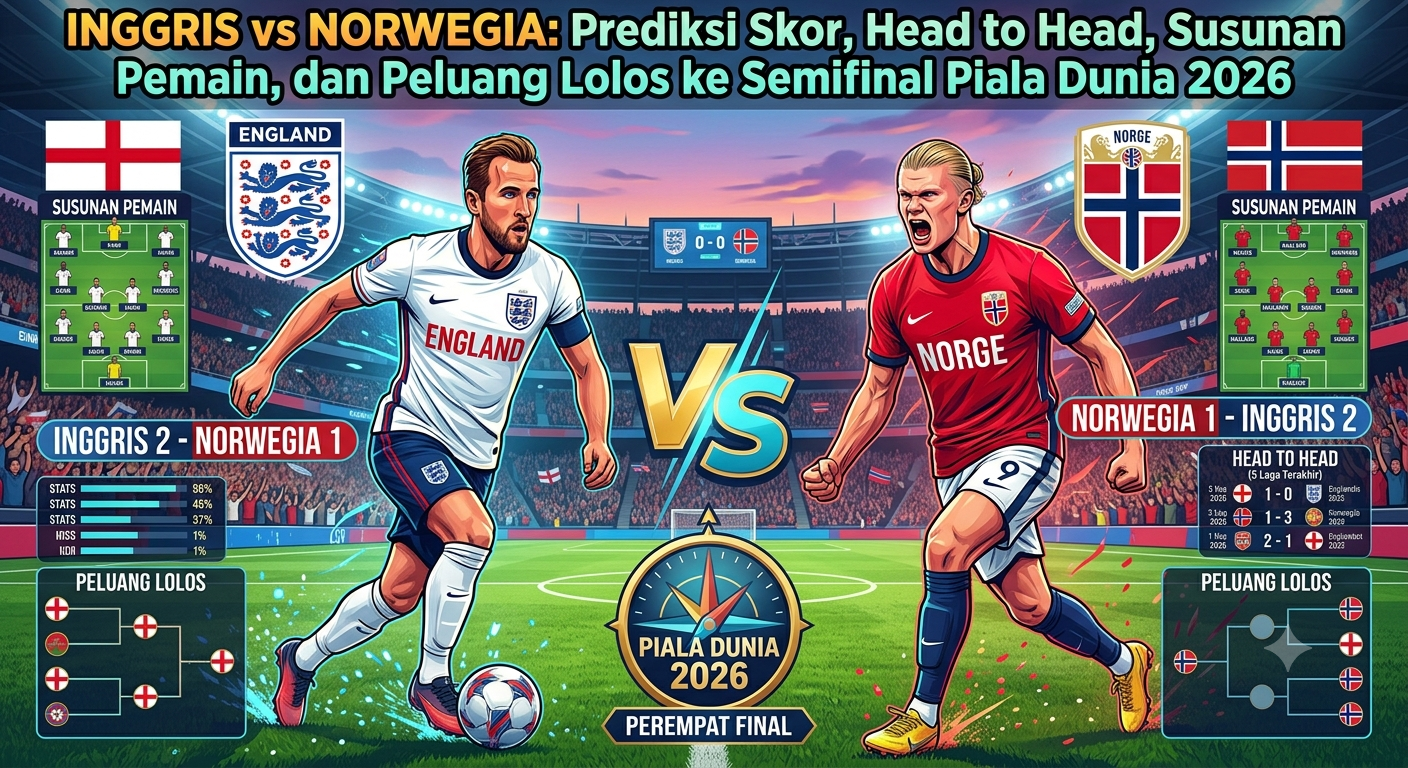 Inggris vs Norwegia: Prediksi Skor, Head to Head, Susunan Pemain, dan Peluang Lolos ke Semifinal Piala Dunia 2026
