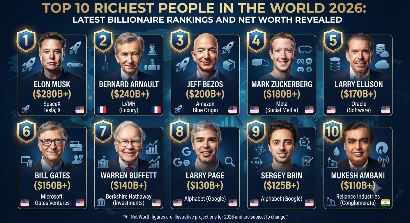 Top 10 Richest People in the World 2026: Latest Billionaire Rankings and Their Net Worth Revealed