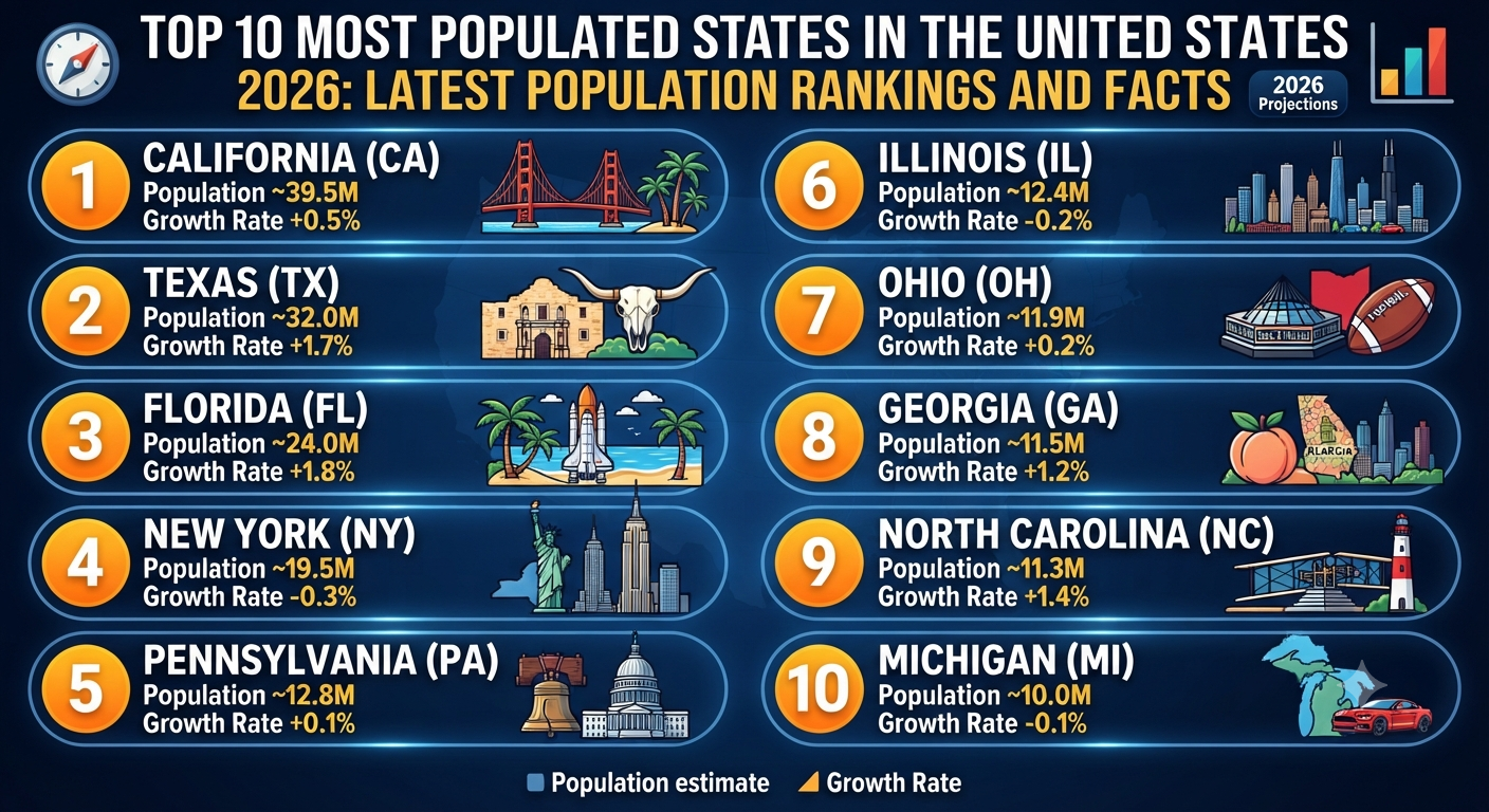 Top 10 Most Populated States in the United States 2026: Latest Population Rankings and Facts