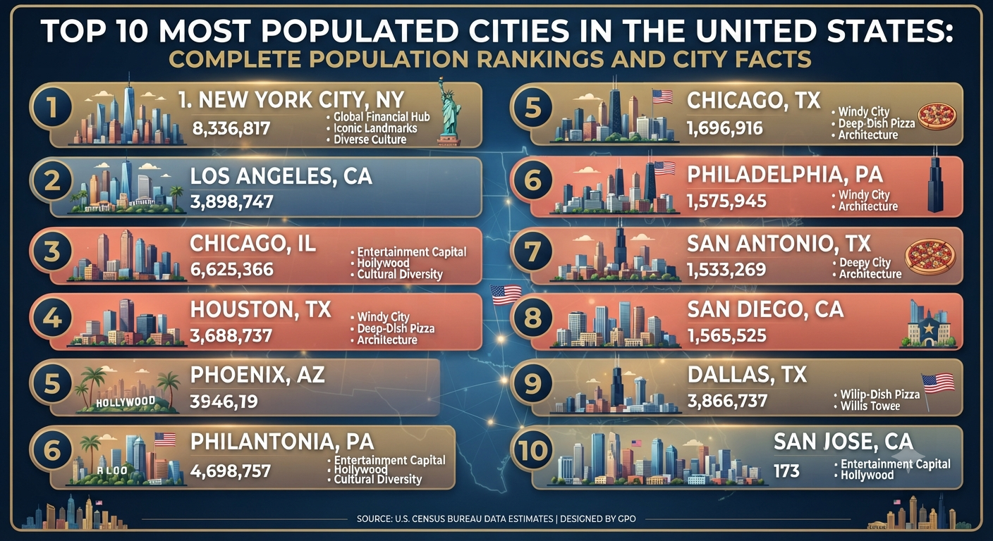 Top 10 Most Populated Cities in the United States: Complete Population Rankings and City Facts