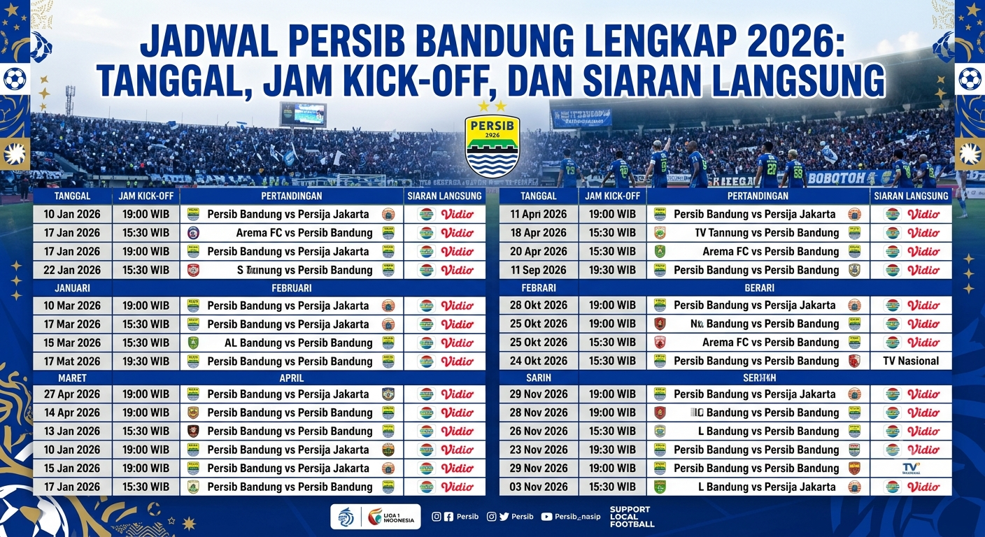 Jadwal Persib Bandung Lengkap 2026: Tanggal, Jam Kick-off, dan Siaran Langsung