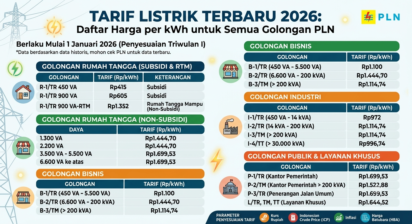 Tarif Listrik Terbaru 2026: Daftar Harga per kWh untuk Semua Golongan PLN