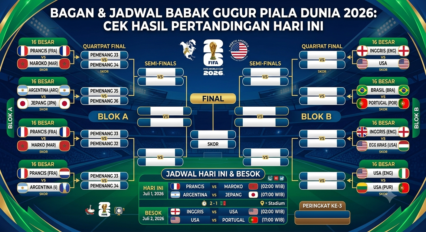 Bagan & Jadwal Babak Gugur Piala Dunia 2026: Cek Hasil Pertandingan Hari Ini