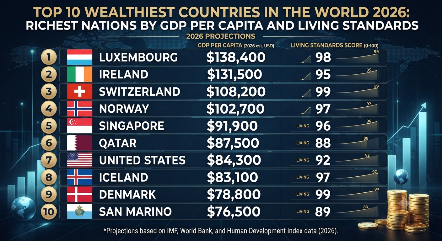 Top 10 Wealthiest Countries in the World 2026: Richest Nations by GDP Per Capita and Living Standards