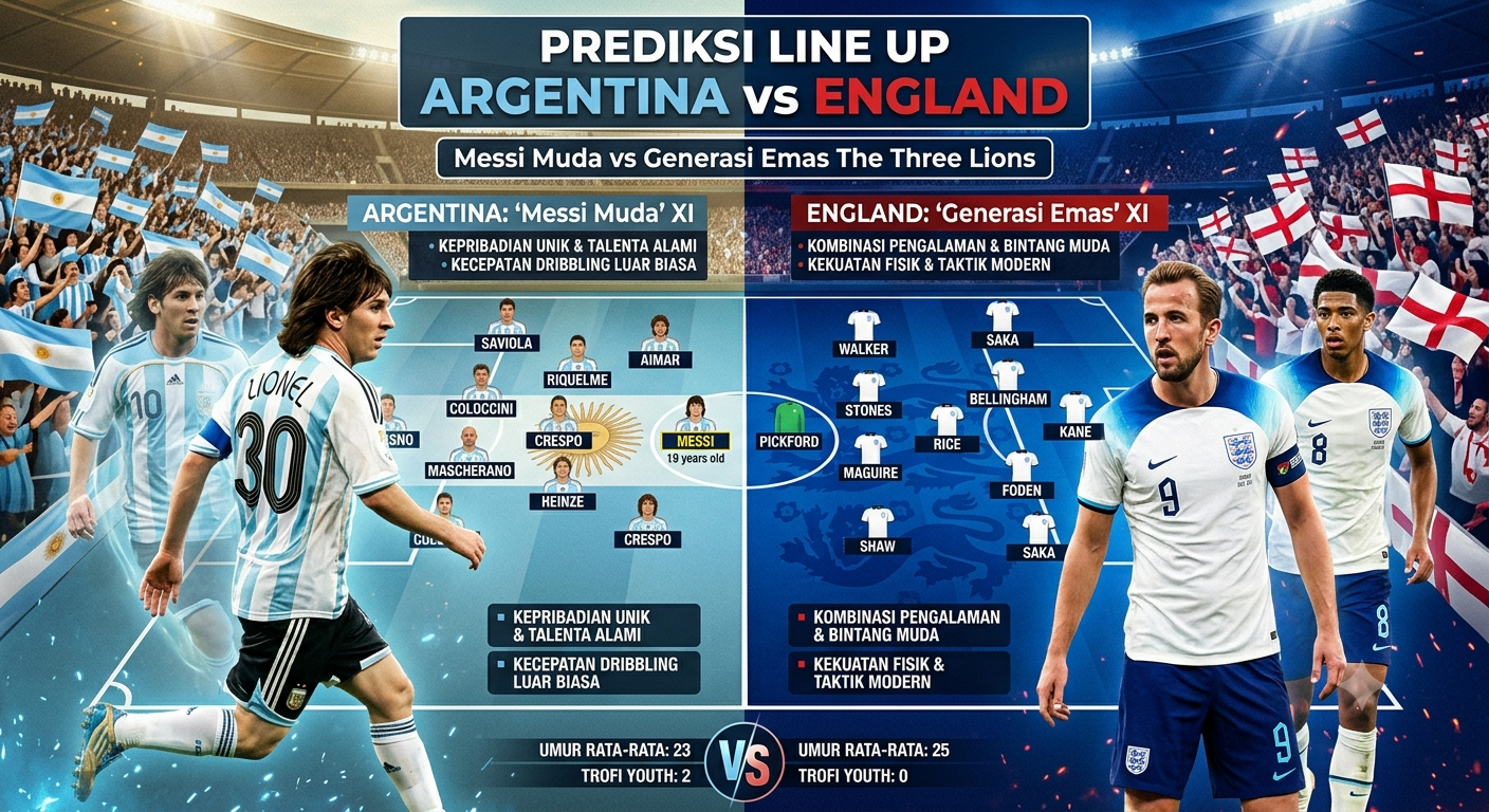 Prediksi Line Up Argentina vs England: Messi Muda vs Generasi Emas The Three Lions,