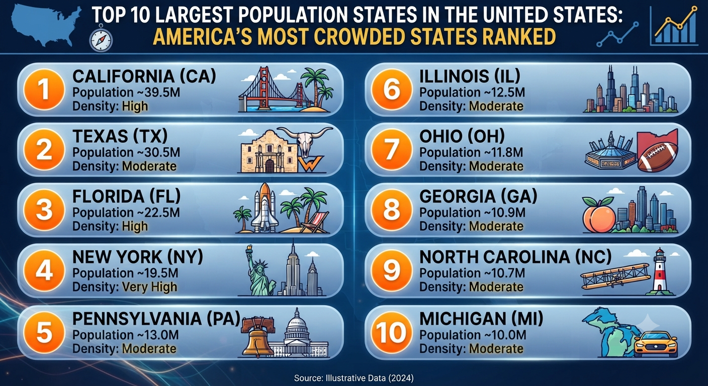 Top 10 Largest Population States in the United States: America’s Most Crowded States Ranked