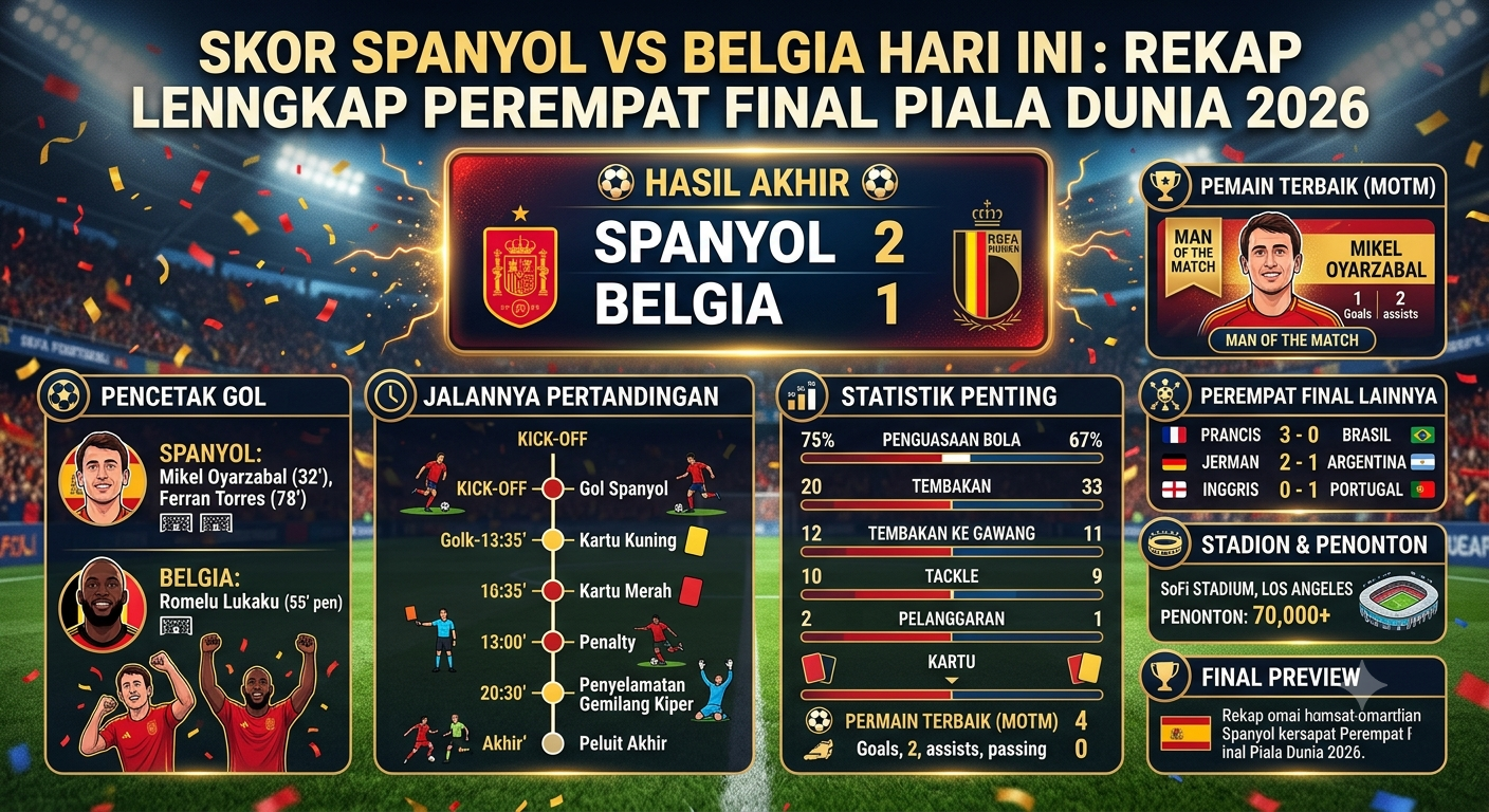 Skor Spanyol vs Belgia Hari Ini: Rekap Lengkap Perempat Final Piala Dunia 2026