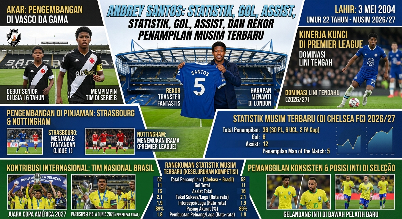 Andrey Santos: Statistik, Gol, Assist, dan Rekor Penampilan Musim Terbaru