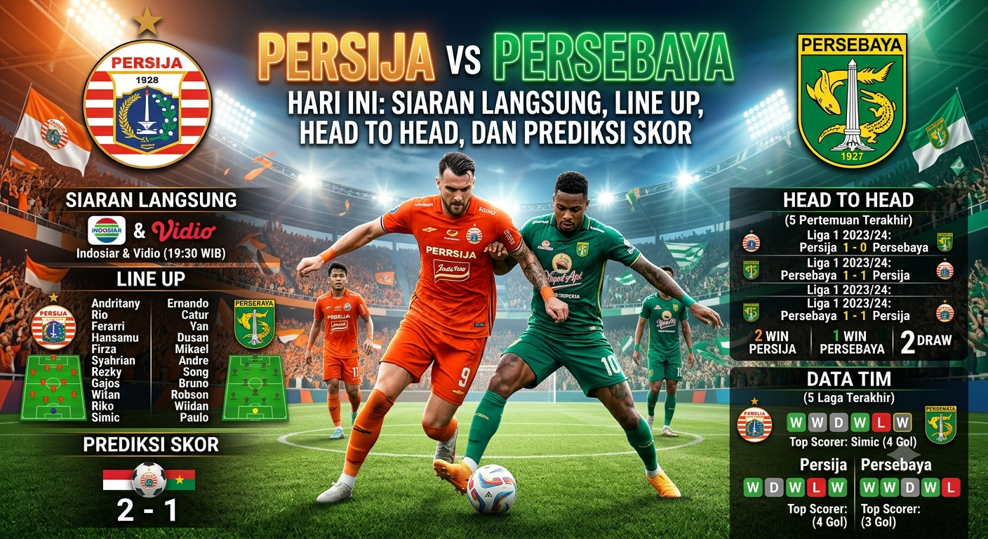 Persija vs Persebaya Hari Ini: Siaran Langsung, Line Up, Head to Head, dan Prediksi Skor