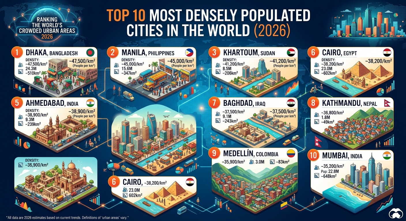Top 10 Most Densely Populated Cities in the World: Ranking the World's Crowded Urban Areas in 2026
