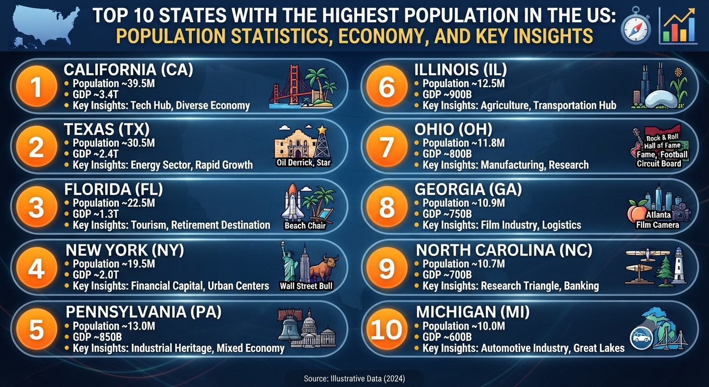 Top 10 States with the Highest Population in the US: Population Statistics, Economy, and Key Insights