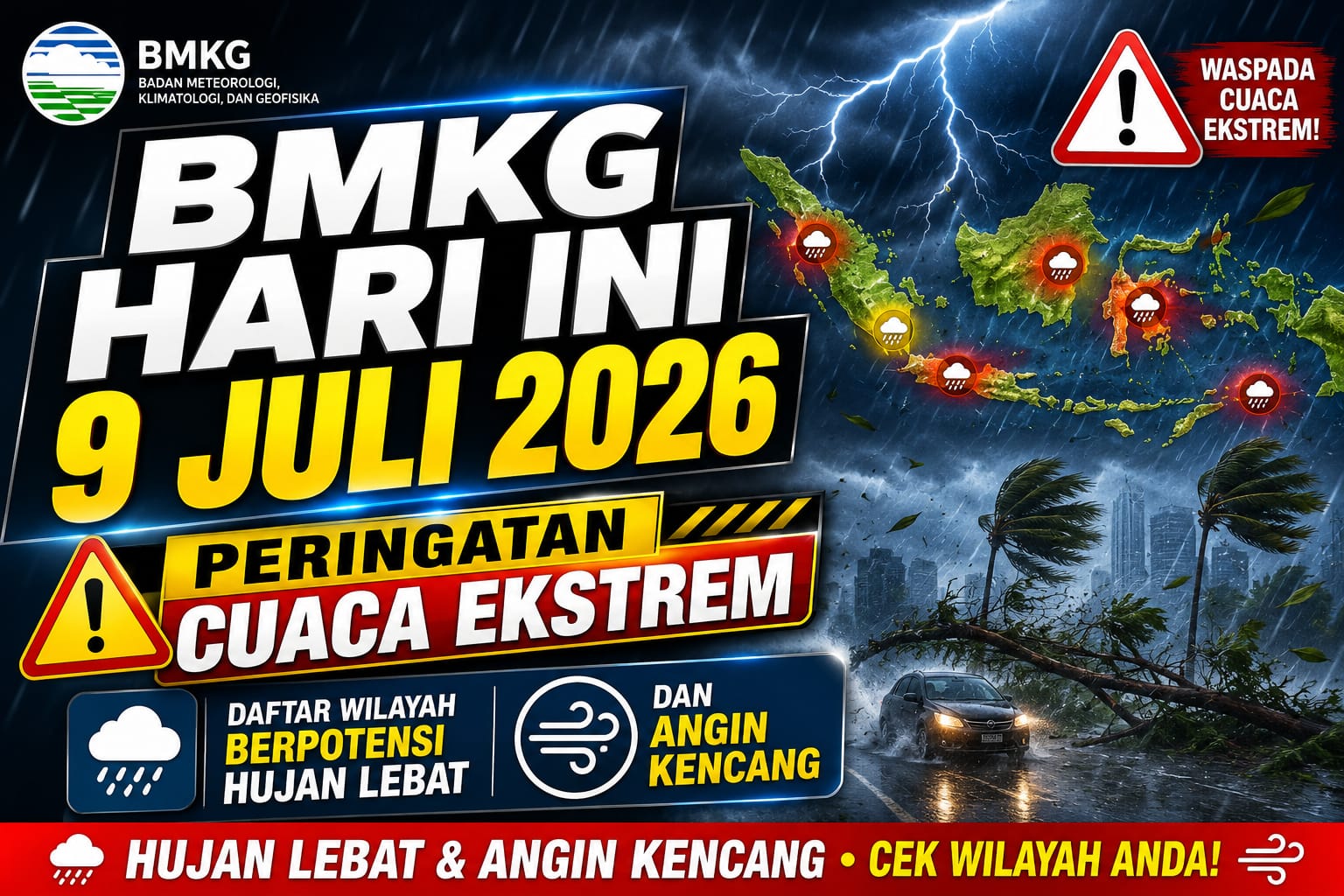 BMKG Hari Ini 9 Juli 2026: Peringatan Cuaca Ekstrem, Daftar Wilayah Berpotensi Hujan Lebat dan Angin Kencang