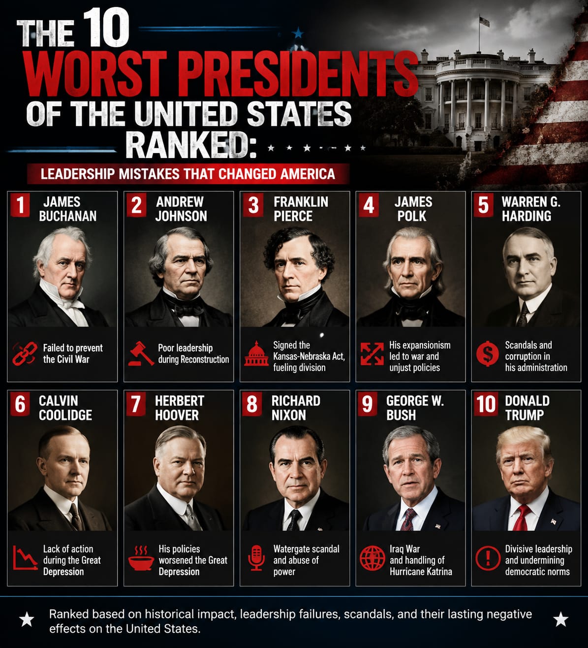 The 10 Worst Presidents of the United States Ranked: Leadership Mistakes That Changed America