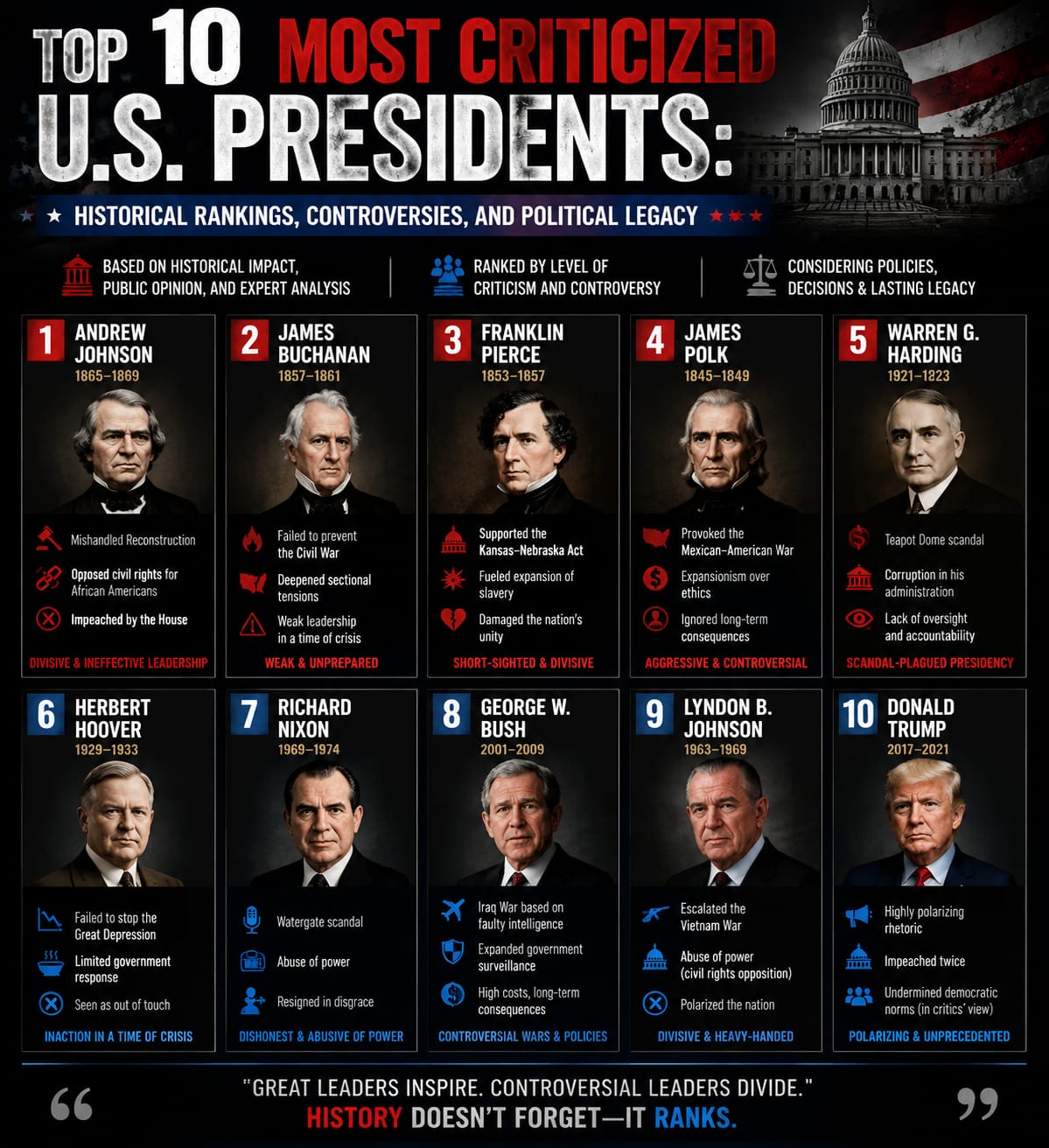 Top 10 Most Criticized U.S. Presidents: Historical Rankings, Controversies, and Political Legacy