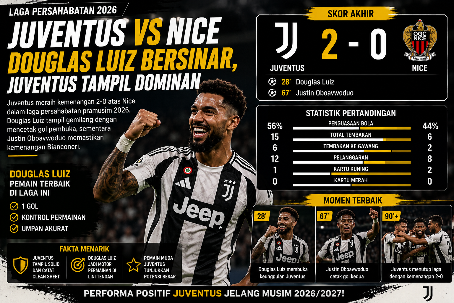 Juventus vs Nice: Douglas Luiz Bersinar, Juventus Tampil Dominan di Laga Persahabatan