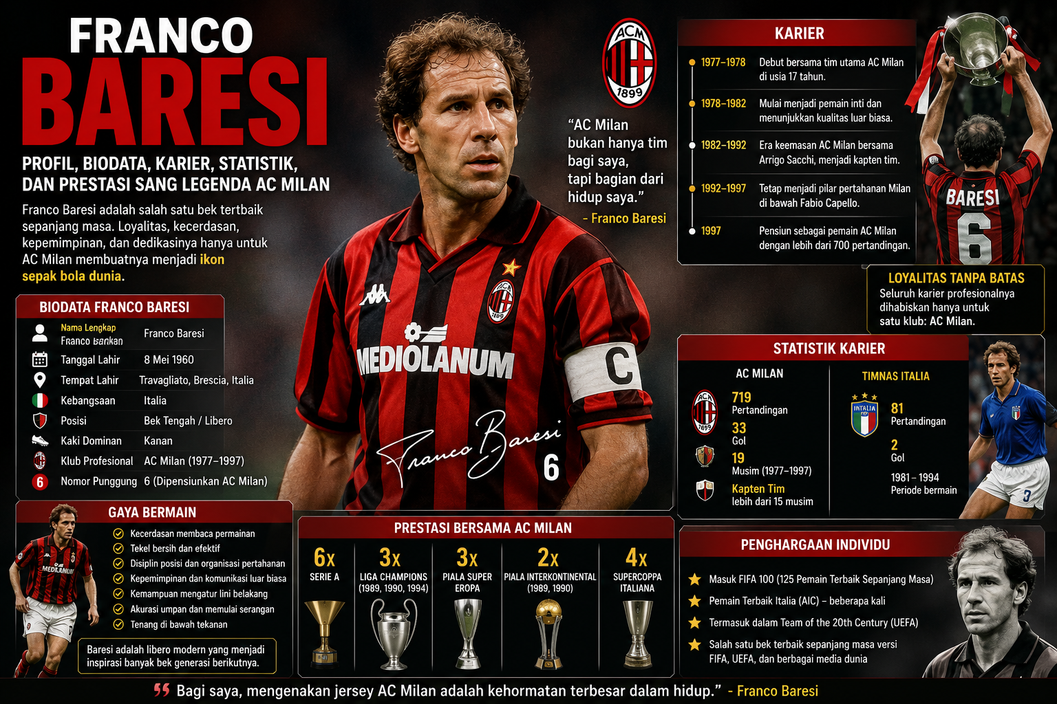 Franco Baresi: Profil, Biodata, Karier, Statistik, dan Prestasi Sang Legenda AC Milan