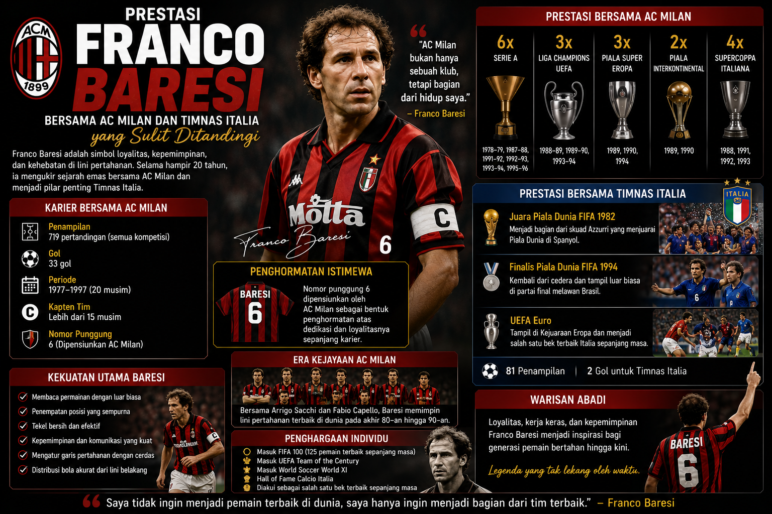 Prestasi Franco Baresi Bersama AC Milan dan Timnas Italia yang Sulit Ditandingi