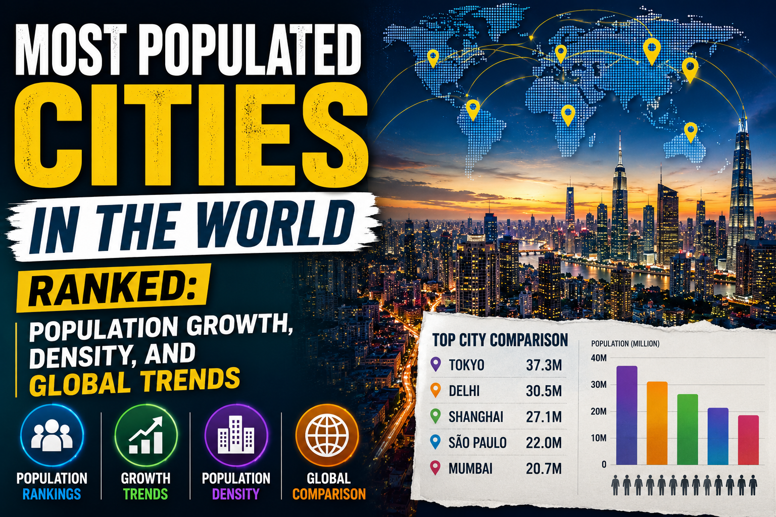 Most Populated Cities in the World Ranked: Population Growth, Density, and Global Trends