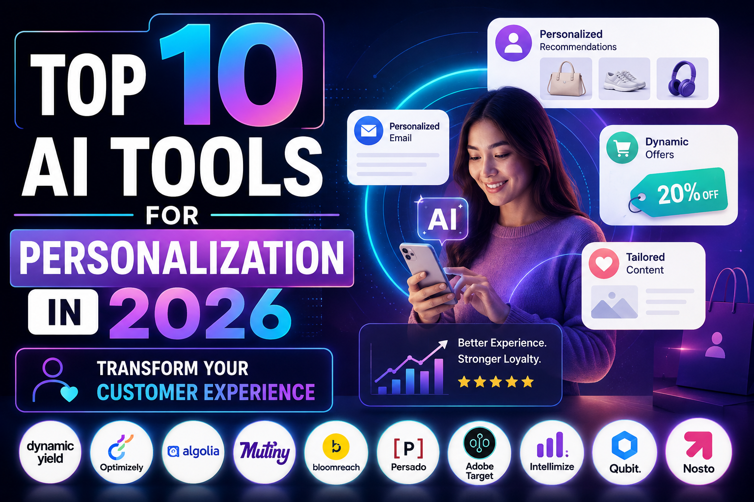In today's digital marketplace, generic marketing messages no longer engage modern consumers. Customers demand tailored experiences, intelligent product recommendations, and real-time interaction across every channel they touch. Artificial Intelligence (AI) has shifted personalization from basic rule-based segmentation to predictive, hyper-personalized engagement.Whether you run an e-commerce platform, a B2B SaaS enterprise, or a digital publication, leveraging the right AI personalization tools can significantly increase conversion rates, average order value (AOV), and customer lifetime value (LTV). This guide explores the Top 10 AI Tools for Personalization, detailing their standout features, ideal use cases, and how they can elevate your digital strategy.What is AI Personalization and Why Does It Matter?AI personalization uses machine learning algorithms, natural language processing, and real-time behavioral data to deliver customized content, product recommendations, offers, and messaging to individual users at scale.Unlike traditional personalization—which relies on static rules like "if user is in Location X, show Banner Y"—AI models analyze historical purchases, browsing intent, device type, local context, and predictive churn risk to automatically decide the optimal experience for each visitor in milliseconds.Key Benefits of AI Personalization: Higher Conversion Rates: Presenting relevant products or copy reduces friction and accelerates purchase decisions.Increased Customer Retention: Personalized interactions foster brand loyalty and trust. Automated Scalability: AI algorithms dynamically segment millions of users without requiring manual intervention.Optimized Marketing Spend: Targeted messaging ensures ad budgets and campaign efforts are focused on high-intent segments.Quick Comparison: Top 10 AI Personalization ToolsTool NamePrimary FocusBest ForStandout AI Feature1. Insider OneCross-Channel CX & CDPMid-market & Enterprise E-commercePredictive AI Segmentation & Next-Best Action2. Dynamic YieldOmnichannel Experience OSLarge Enterprises & RetailersAlgorithmic Recommendation & Deep A/B Testing3. BloomreachE-commerce Search & MerchandisingRetailers & E-commerce BrandsLoomi AI for Semantic Search & Merchandising4. Adobe TargetEnterprise Testing & PersonalizationLarge Corporations & Global BrandsSensei AI Automated Personalization5. OptimizelyWeb Experimentation & CROProduct & Marketing TeamsAdaptive AI Personalization & Feature Targeting6. KlaviyoEmail & SMS Marketing AutomationE-commerce (Shopify, WooCommerce)AI Predictive Analytics & Content Generation7. NostoCommerce Experience PlatformSMB & Mid-Market Online StoresVisual AI & Real-Time Product Graph8. Salesforce EinsteinCRM & Omnichannel PersonalizationEnterprise B2B & B2C CompaniesAgentforce & Predictive Intelligence9. MutinyB2B Website PersonalizationSaaS & B2B Revenue TeamsAI Copywriting & Account-Based Personalization10. Twilio SegmentCustomer Data Platform (CDP)Developers & Growth MarketersReal-Time Identity Resolution & Predictive AudiencesDetailed Deep Dive: The Top 10 AI Personalization Platforms1. Insider OneInsider One is an AI-powered customer data platform (CDP) and cross-channel experience orchestration system. It consolidates user data across web, mobile apps, WhatsApp, SMS, push notifications, and email into unified profiles. Key AI Features: Insider’s Sirius AI provides predictive segmentation (e.g., likelihood to purchase, discount affinity, churn probability) and automated smart recommendations. It also features AI-driven category optimization that reorganizes site navigation based on user preferences.Best For: Mid-to-large e-commerce and enterprise brands seeking an all-in-one growth platform. Pros: Native support for messaging channels like WhatsApp and Web Push; strong predictive capabilities. Cons: Comprehensive feature set can require dedicated onboarding time. 2. Dynamic Yield (by Mastercard) Acquired by Mastercard, Dynamic Yield is a premier personalization engine built for enterprise-grade digital experimentation and content adaptation. Key AI Features: Its Experience OS uses contextual deep learning algorithms to deliver personalized product recommendations, dynamic layouts, and customized promotional banners in real time across web, mobile apps, and kiosks.Best For: Large enterprises, financial institutions, and global retailers demanding enterprise-level testing and data privacy controls. Pros: Deep algorithmic flexibility, multi-armed bandit optimization, and customizable experience builders. Cons: Enterprise pricing tier puts it out of reach for smaller businesses. 3. Bloomreach Bloomreach combines a headless CMS, a customer data engine, and AI-driven search capabilities into a unified commerce experience platform. Key AI Features: Powered by Loomi AI, Bloomreach analyzes visitor intent to optimize e-commerce search results, automate product merchandising, and trigger personalized marketing automations.Best For: Online retailers with large product catalogs that need advanced search merchandising combined with marketing automation. Pros: Industry-leading semantic search engine; seamless integration of commerce search and messaging. Cons: Requires technical resources to fully implement its headless capabilities. 4. Adobe Target Part of the Adobe Experience Cloud ecosystem, Adobe Target remains an enterprise gold standard for optimization and AI-driven decisioning.Key AI Features: Driven by Adobe Sensei, the platform offers Automated Personalization and Auto-Target, which continuously test multiple layout and content combinations to dynamically route each user to the variation most likely to convert.Best For: Organizations already invested in the Adobe ecosystem requiring high-scale multivariate testing and personalization. Pros: Unmatched enterprise integration, strict security compliance, and sophisticated audience building. Cons: Steep learning curve and complex setup requirements. 5. Optimizely Optimizely offers a Digital Experience Platform (DXP) with focus on web experimentation, progressive feature flagging, and AI-driven content adaptation. Key AI Features: Optimizely’s AI capabilities automatically evaluate experiment data to segment audiences based on engagement patterns and deliver tailored website experiences without engineering dependencies. Best For: Product teams, UX researchers, and growth marketers looking to blend A/B testing with real-time personalization. Pros: User-friendly editor, robust experimentation framework, and low latency server-side capabilities. Cons: Advanced personalization modules require higher-tier plans. 6. Klaviyo Klaviyo is the dominant marketing automation platform for direct-to-consumer (DTC) brands, specializing in personalized email and SMS campaigns. Key AI Features: Klaviyo includes predictive analytics (calculating predicted next order date, churn risk, and customer lifetime value), AI campaign generation, smart send-time optimization, and automated personalized recommendations.Best For: E-commerce stores on platforms like Shopify, WooCommerce, or BigCommerce. Pros: Rapid setup, intuitive interface, deep native e-commerce integrations, and highly accessible pricing tiers. Cons: Primarily focused on messaging channels (email/SMS) rather than full website interface customization. 7. Nosto Nosto is an e-commerce personalization platform designed to deliver individualized shopping experiences across site search, product recommendations, category pages, and pop-ups. Key AI Features: Uses visual AI and behavioral graph models to understand product attributes and real-time shopper intent. It automatically updates product recommendations and visual content as users browse.Best For: Shopify Plus and mid-market e-commerce merchants looking for fast deployment. Pros: No-code setup, quick time-to-value, and strong visual merchandising capabilities. Cons: Less customization flexibility outside standard e-commerce ecosystems. 8. Salesforce Einstein / AgentforceSalesforce Einstein embeds AI capabilities directly across Salesforce Sales, Service, and Marketing Clouds, providing autonomous agentic capabilities through Agentforce.Key AI Features: Predicts customer behavior, generates personalized email copy, builds dynamic customer journeys, and powers conversational AI agents that resolve service requests with contextual awareness.Best For: Mid-market to enterprise companies leveraging Salesforce as their primary CRM. Pros: Unified view of customer data within CRM; powerful automated workflow engine. Cons: High cost and setup complexity for non-Salesforce users. 9. MutinyMutiny is a specialized B2B personalization platform built specifically to help revenue teams convert website traffic into qualified sales opportunities.Key AI Features: Mutiny integrates with reverse-IP lookup tools and B2B databases to identify anonymous website visitors by company, industry, and funding stage. Its AI assistant generates tailor-made headline copy, social proof, and calls-to-action (CTAs) for specific industry verticals.Best For: B2B SaaS and technology companies focused on account-based marketing (ABM). Pros: Excellent native integrations with Salesforce, HubSpot, and 6sense; intuitive visual editor requiring zero coding. Cons: Restricted strictly to B2B workflows; not designed for B2C e-commerce product catalogs. 10. Twilio SegmentWhile traditionally categorized as a Customer Data Platform (CDP), Twilio Segment plays a foundational role in modern AI personalization.Key AI Features: Segment’s Twilio Engage and CustomerAI engines perform real-time identity resolution, unify fragmented user touches into single customer profiles, and compute predictive audiences that feed downstream personalization channels.Best For: Technical growth teams and organizations needing a reliable data foundation to power multi-tool personalization stacks. Pros: Connects with hundreds of software tools; clean developer APIs and strict data governance capabilities. Cons: Acts primarily as the data engine—requires downstream tools or front-end integrations to render actual visual changes. How to Choose the Right AI Personalization ToolWhen evaluating AI tools for your organization, consider these four core criteria:Tech Stack & Integration Compatibility: Ensure the tool seamlessly connects with your existing e-commerce platform (e.g., Shopify, Magento), CRM (e.g., Salesforce, HubSpot), and analytics tools.Channel Scope: Determine where you need personalization. If you need dynamic on-site layout changes, tools like Dynamic Yield or Optimizely excel. For multi-channel messaging (WhatsApp, Push, Email), platforms like Insider or Klaviyo are better fits. Data Quality & Privacy Compliance: AI algorithms rely on clean data. Verify that the software complies with GDPR, CCPA, and modern cookie-less tracking standards.Time to Value vs. Customization: Out-of-the-box tools like Nosto offer rapid setup, whereas enterprise platforms like Adobe Target require extensive developer configuration but yield deeper customization.Best Practices for Implementing AI PersonalizationTo maximize ROI from your AI personalization software:Start with High-Impact Touchpoints: Focus first on high-traffic areas such as the homepage banner, product detail recommendations, or cart abandonment flows.Maintain Human Oversight: Always review AI-generated copy and automated recommendation rules to ensure alignment with brand guidelines.Avoid Over-Personalization: Creepy messaging (e.g., explicitly revealing too much third-party data) can alienate users. Focus on utility and convenience.Continuously A/B Test: Validate AI model performance against control groups to measure incremental lift in revenue and conversion rates. Frequently Asked Questions (FAQs) What is the difference between rule-based and AI personalization?Rule-based personalization relies on manual "if-then" conditions defined by marketers (e.g., showing a winter coat to visitors from London). AI personalization uses machine learning algorithms to continuously analyze thousands of real-time variables, automatically serving tailor-made content to individual users without manual setup.Is AI personalization suitable for small businesses? Yes. Platforms like Klaviyo and Nosto offer accessible pricing and no-code setups tailored for small-to-medium e-commerce businesses on platforms like Shopify. How does AI personalization impact SEO? When implemented correctly using client-side or edge-rendering tools that follow search engine guidelines, AI personalization does not harm SEO. In fact, improving user engagement, lowering bounce rates, and increasing dwell time send positive UX signals to search engines.Final ThoughtsAdopting AI tools for personalization is no longer optional for brands looking to maintain a competitive advantage. By choosing a tool tailored to your business model—whether that is e-commerce, B2B SaaS, or enterprise publishing—you can deliver relevant, meaningful experiences that drive long-term business growth.