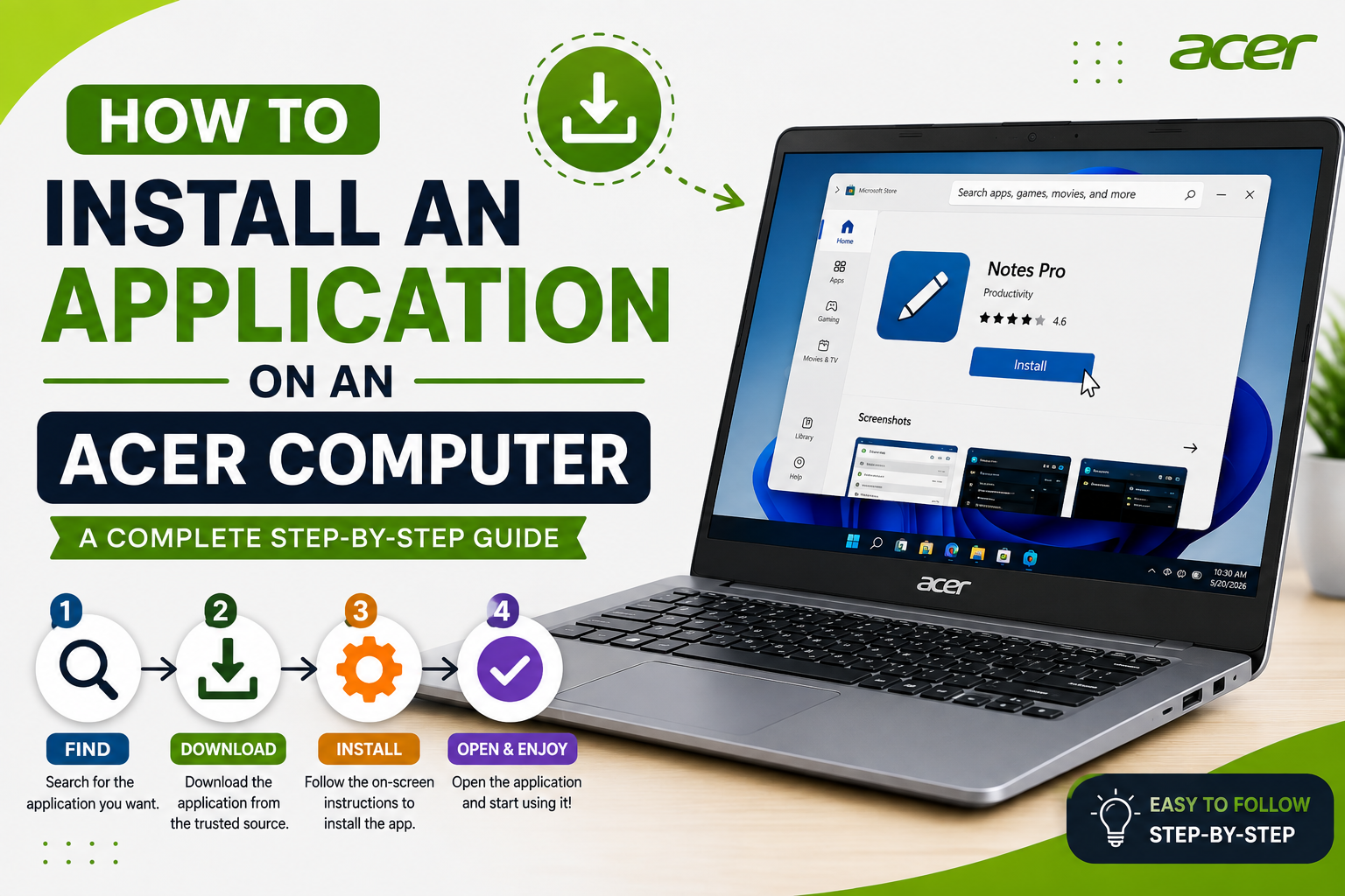 Whether you recently unboxed a new Acer Aspire, Swift, Predator, or Nitro laptop, or you are managing an Acer desktop workstation, setting up essential software is one of the first steps to making your machine work for you. Acer computers run on Microsoft Windows operating systems—primarily Windows 11 or Windows 10.While downloading and setting up software is a daily routine for many, doing it incorrectly can lead to security risks, performance bottlenecks, or system instability. This comprehensive, SEO-friendly guide breaks down every safe method to install applications on an Acer computer, provides essential security tips, and troubleshooting solutions for common setup errors.Method 1: Installing Apps via the Microsoft Store (Safest & Easiest)The Microsoft Store is the primary digital app repository integrated into modern Windows operating systems. Using this platform is the safest method because Microsoft verifies every app for malware, security compliance, and system performance before making it available.Step 1: Launch the Microsoft StoreClick the Start Menu icon (Windows logo) on your taskbar or press the Windows key on your Acer keyboard.Type Microsoft Store into the search field.Click on the Microsoft Store icon to open the application.Step 2: Browse or Search for Your ApplicationLocated at the top of the store window is a central search bar.Enter the name of the program you need (e.g., Netflix, WhatsApp, Microsoft Teams, Adobe Photoshop Express, or Spotify).Press Enter or click the magnifying glass icon to view search results.Step 3: Install the AppClick on the desired application from the search results to navigate to its details page.Review the software specifications, user ratings, and compatibility information.Click the blue Get or Install button.If prompted, sign in with your Microsoft Account. (Note: Free basic applications usually do not require a sign-in, but account linking helps sync purchases across devices).The download and automated installation process will begin immediately.Step 4: Open Your New ApplicationWhen the process finishes, the Get button changes to Open. Click it to run the app, or search for the new app in your Start Menu > All Apps section.Method 2: Downloading and Installing Apps from Web Browsers (.exe or .msi Files)Many professional tools, desktop utilities, and open-source software packages—such as Google Chrome, Steam, Zoom Desktop Client, or the full Adobe Creative Cloud suite—are hosted directly on developer websites rather than the Microsoft Store.Step 1: Download the Installer FileOpen your browser of choice (e.g., Microsoft Edge, Google Chrome, or Mozilla Firefox).Go directly to the official website of the developer. Always double-check the URL to avoid clone websites that distribute adware or malicious payloads.Navigate to the Download section and select the installer suited for your system (most modern Acer computers run 64-bit Windows).Save the setup file to your preferred directory (by default, this goes to your Downloads folder).Step 2: Locate and Execute the InstallerOpen File Explorer by pressing Windows Key + E or clicking the folder icon on your taskbar.Go to the Downloads folder.Locate the downloaded file, which usually ends in .exe (Executable file) or .msi (Microsoft Installer package).Double-click the file to start the installation setup.Step 3: Authorize User Account Control (UAC)A security warning window titled User Account Control (UAC) may display on your screen, asking: "Do you want to allow this app to make changes to your device?"Verify that the Verified Publisher field matches the developer's name.Click Yes to allow administrative privileges necessary to write files to system directories.Step 4: Complete the Installation WizardMost web installers use a simple step-by-step setup wizard:End-User License Agreement (EULA): Read and check the box to agree to the software terms.Choose Install Location: The wizard defaults to C:\Program Files\ or C:\Program Files (x86)\. Unless you have custom drive partitioning on your Acer device, keep the default path.Select Additional Options: Choose whether to create a desktop icon or launch the program automatically upon system startup.Click Install, wait for the progress bar to complete, and click Finish.Method 3: Installing Mobile and Android Apps on an Acer ComputerIf you want to run Android-exclusive mobile apps, mobile games, or smart home controllers on your Acer computer screen, you have two primary options.Option A: Using Windows Subsystem for Android (Windows 11)For Acer computers running Windows 11:Open the Microsoft Store and search for Amazon Appstore.Installing the Amazon Appstore automatically installs the Windows Subsystem for Android (WSA) framework.Reboot your computer if prompted by Windows.Open the Amazon Appstore, log in with an Amazon account, and install Android applications directly onto your computer.Option B: Using an Android Emulator (Windows 10 or Windows 11)For gaming performance or running apps from outside the Amazon ecosystem:Download a trusted Android emulator like BlueStacks, NoxPlayer, or LDPlayer from their respective official websites.Install the emulator on your Acer computer following the standard web installation method (.exe setup file).Launch the emulator and log in with your Google Account.Open the built-in Google Play Store within the emulator interface to search for and download mobile applications.Pre-Installation Checklist & Best PracticesTo ensure your Acer computer remains fast, secure, and bloatware-free, follow these guidelines prior to installing new applications:Check System Requirements: Match the app's minimum processor, RAM, and graphics card requirements against your computer specs. You can quickly view your hardware specs by going to Settings > System > About.Monitor Storage Space: Ensure your SSD or HDD has enough capacity. Low disk space can lead to installation timeouts or overall system slowdowns.Keep Windows Updated: Regularly update your OS to maintain system library compatibility. Navigate to Settings > Windows Update and click Check for updates.Beware of Bundled Software: During installation wizards, pay close attention to pre-checked boxes. Uncheck optional toolbar installations, third-party antivirus trials, or unwanted web extensions.Maintain Active Security: Keep Windows Security or your preferred antivirus software updated to scan downloads automatically.Troubleshooting Common Installation Errors on Acer ComputersCommon ProblemRoot CausePractical Solution"The app you're trying to install isn't a Microsoft-verified app"Windows is set to restrict non-store downloads or is in S Mode.Navigate to Settings > Apps > Advanced app settings. Change "Choose where to get apps" to Anywhere. If your Acer PC is in S Mode, switch out of S Mode via the Microsoft Store."Administrator Privileges Required"Your user profile lacks admin-level system write access.Right-click the .exe installer file and select Run as administrator. Enter administrative credentials if prompted."Error 1603 / Installation Cancelled"File corruption, missing dependencies, or existing software registry conflicts.Delete the downloaded setup file and re-download it. Ensure Microsoft .NET Framework and C++ Redistributable packages are up to date."Incompatible System Architecture"Attempting to install a 64-bit app on a 32-bit OS or an ARM package on an x86 processor.Go to Settings > System > About to check your System Type (x64 or ARM64), then download the matching installer package.Frequently Asked Questions (FAQ)Can I install apps on my Acer computer without an internet connection?Yes, but you need the offline installer file (.exe or .msi) saved on an external flash drive or local disk. Double-clicking this installer allows you to set up the software offline. However, apps from the Microsoft Store require an internet connection to download and authenticate.What is Windows S Mode on Acer laptops, and how does it affect installations?Many entry-level Acer laptops ship in Windows S Mode for security and energy efficiency. In S Mode, you can only install applications available inside the Microsoft Store. If you need software from external web sources, search for "Switch out of S Mode" in the Microsoft Store and complete the free conversion process. Note: Switching out of S Mode is a one-way process and cannot be reversed.How do I safely uninstall unwanted applications from my Acer computer?To uninstall software cleanly:Press Windows Key + I to open Settings.Click Apps, then select Installed apps (or Apps & features).Locate the app you want to remove.Click the three dots icon next to the app name and select Uninstall. Follow the on-screen prompts to remove all related files.SummaryInstalling an application on your Acer computer is a straight-forward procedure when following the appropriate method for your software source. Utilizing the Microsoft Store offers the most secure and automated experience for general utilities, while installing via web browsers gives you access to full-fledged desktop programs. By checking system requirements, downloading from official sources, and keeping your Windows installation updated, your Acer computer will run smoothly and stay protected against security risks.
