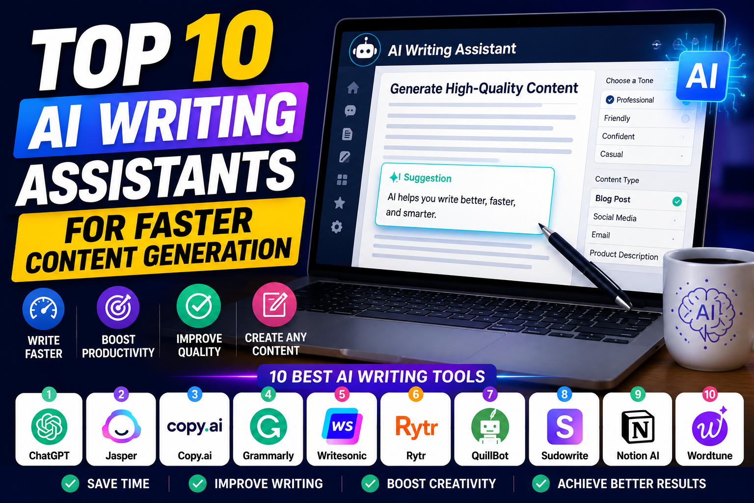 Top 10 AI Writing Assistants for Faster Content Generation