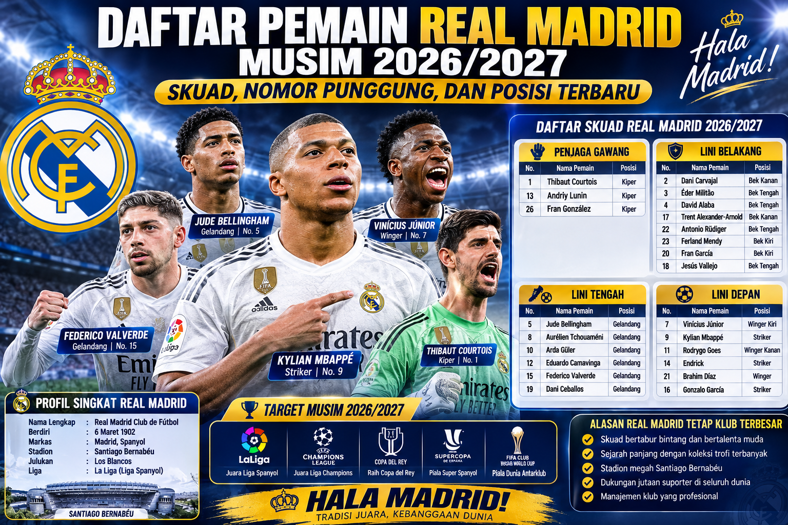 Daftar Pemain Real Madrid Musim 2026/2027: Skuad, Nomor Punggung, dan Posisi Terbaru