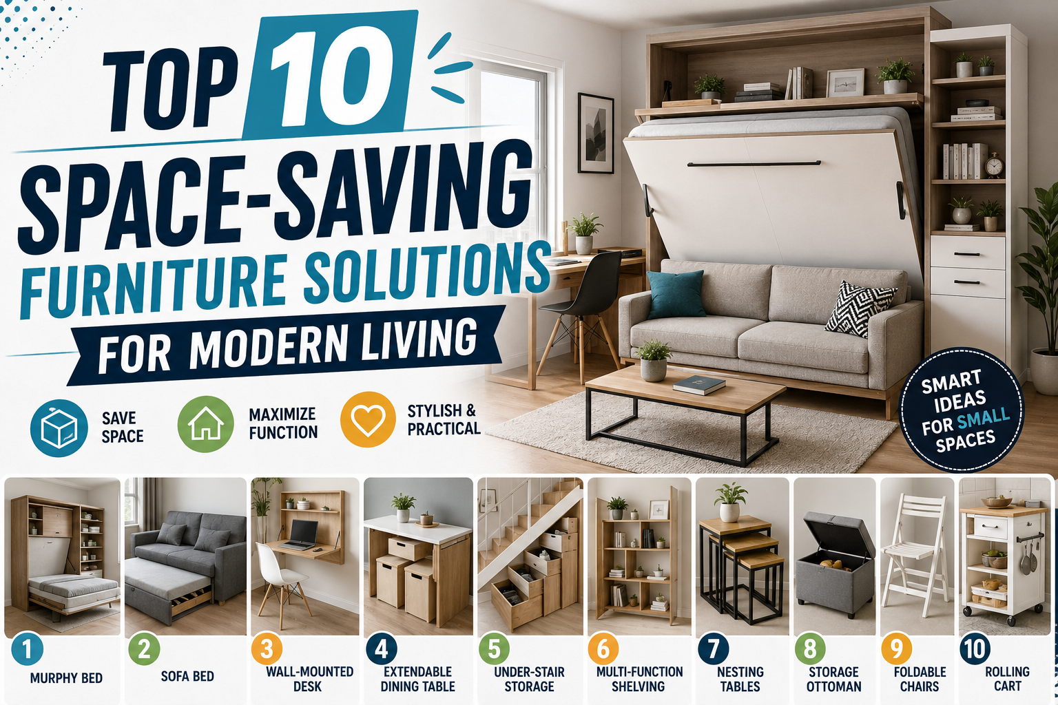 Top 10 Space-Saving Furniture Solutions for Modern LivingModern living spaces are evolving. With urbanization on the rise, micro-apartments, studio flats, and compact homes have become the norm for millions around the globe. While downsizing living space offers financial and environmental benefits, it presents a unique challenge: how to maintain style, comfort, and functionality without cluttering your home.The secret lies in smart interior design and innovative home decor choices. By leveraging space-saving furniture solutions, you can maximize every square foot of your floor plan without compromising on aesthetics or comfort. Dual-purpose items, hidden storage units, and modular designs allow small spaces to feel open, airy, and effortlessly organized.In this comprehensive guide, we explore the Top 10 Space-Saving Furniture Solutions for Modern Living. Whether you live in a tiny studio apartment or simply want to optimize a spare room, these functional pieces will help you reclaim your living space in style.Why Invest in Space-Saving Furniture?Before diving into our top picks, let's look at why multi-functional and compact furniture has become an essential modern investment:Maximizes Utility: Allows a single room to serve multiple functions (e.g., a living room that transforms into a guest bedroom).Reduces Physical Clutter: Built-in storage features help keep day-to-day items tucked away out of sight.Cost-Effective Decorating: Investing in one high-quality, multi-functional furniture piece eliminates the need to buy multiple separate items.Enhances Mobility & Airflow: Sleek, convertible, or wall-mounted designs free up open floor area, making small interiors feel significantly larger.Top 10 Space-Saving Furniture Pieces for Compact Homes1. Wall-Mounted Murphy Beds with Integrated DesksThe Murphy bed—often called a wall bed—has come a long way from its early 20th-century origins. Modern Murphy beds are engineering marvels that fold seamlessly into vertical wall cabinets when not in use.Why it works:A traditional bed frame permanently claims up to 30–40 square feet of valuable floor space. Modern Murphy bed units feature fold-down mechanisms combined with built-in desks or sofas on the exterior face. During the day, you have a fully functional home office or sitting area; at night, you pull down a comfortable, full-sized mattress without having to clear off your desk surface.Ideal for: Studio apartments, guest rooms, and home offices.2. Extendable & Drop-Leaf Dining TablesDining tables are notorious space-hoggers, especially if you only host dinner guests occasionally. Extendable and drop-leaf tables offer flexibility by adapting instantly to your daily spatial needs.Why it works:Drop-Leaf Tables: Feature hinged sides that drop down vertically when not needed, reducing the footprint to a narrow console table against the wall.Butterfly Leaf Tables: Store hidden expansion leaves internally under the main tabletop, extending easily to accommodate four to eight guests when entertainment calls.3. Nesting Coffee and End TablesWhy settle for one static, bulky center table when you can have a flexible set of nesting tables?Why it works:Nesting tables come in sets of two or three staggered sizes designed to slide completely underneath one another when you need maximum floor area. When guests arrive or when you need extra surfaces for drinks and snacks, you can pull them apart and scatter them around the living room. Once the gathering is over, simply stack them back together into a single footprint.4. Storage Ottomans and Bench TrunksStorage ottomans are the unsung heroes of interior organization. They seamlessly blend comfort, aesthetic appeal, and hidden practical utility.Why it works:An ottoman acts as a comfortable footrest, additional living room seating, and a coffee table (when topped with a wooden serving tray). Lift open the hinged lid, however, and you reveal a deep storage cavity perfect for stashing extra throw blankets, pillows, board games, or children's toys.5. Modular Sectional Sofas with Hidden StorageStandard three-seater couches consume significant floor real estate while offering zero storage. Modular sectionals solve this problem by adapting to your room's precise dimensions.Why it works:Modular sofas consist of individual seating blocks, corner units, and chaise lounges that can be reconfigured depending on your room layout. Many modern designs feature lift-up seat cushions with built-in under-seat storage compartments—giving you a dedicated space to store off-season clothing or bed linens out of sight.6. Floating Wall-Mounted Desks (Drop-Down Workstations)As remote work and hybrid job arrangements become standard, having a home workspace is non-negotiable. However, fitting a dedicated office desk into a small bedroom or living room can feel impossible.Why it works:Floating drop-down desks are mounted directly onto the wall. When closed, they look like sleek, shallow wall cabinets or decorative art panels. When lowered, the cabinet door folds out to become a sturdy laptop desk complete with interior shelving for notebooks, chargers, and stationery. When your workday ends, simply fold it up to mentally and physically clock out.7. Loft Beds with Under-Bed Functional ZonesLoft beds aren't just for college dorms anymore. Sleek, adult-oriented industrial metal and modern timber loft designs are taking urban micro-living by storm.Why it works:By lifting your sleeping quarters off the ground, you effectively double the usable square footage of that footprint. The open zone underneath a loft bed can be customized into:A cozy reading nook with an armchair and lamps.A complete home office setup with a full desk.A walk-in wardrobe system with hanging racks and dressers.8. Under-Bed Storage Drawers and Hydraulic Lift BedsThe area under your bed frame is often wasted space or a magnet for dust bunnies. Transforming this zone into structured storage is one of the easiest ways todeclutter your bedroom.Why it works:Built-in Drawers: Platform bed frames with built-in sliding wooden drawers provide quick access to clothes, shoes, and bedding.Hydraulic Lift Beds: Use gas-lift mechanisms to raise the entire mattress frame effortlessly, opening up access to a massive, dust-free storage bay underneath the mattress base.9. Convertible Sofa-Beds and FutonsSofa-beds have undergone a major redesign over the past decade. Gone are the days of heavy metal frames and paper-thin, uncomfortable mattresses.Why it works:Today's click-clack futons, pull-out sofa beds, and daybeds feature high-density memory foam, pocket springs, and sleek upholstery. They provide ergonomic seating during the daytime and transform into a plush bed within seconds, making them invaluable for small living rooms or multipurpose guest spaces.10. Stackable Dining Chairs and Folding SeatingHosting family and friends in a small apartment can quickly lead to a seating crisis. Keeping six bulky dining chairs scattered around a small apartment is impractical, but stackable or folding furniture offers an elegant solution.Why it works:Modern stackable chairs feature chic, mid-century Scandinavian or industrial metal designs that stack neatly vertically in a corner or closet when not in use. High-end folding chairs can even be hung flat on decorative wall hooks inside a utility closet, remaining completely hidden until guest night arrives.Space-Saving Furniture Comparison MatrixTo help you decide which solutions best suit your living situation, here is a breakdown of these top 10 items based on functionality and ideal placement:Furniture SolutionPrimary FunctionSecondary FeatureIdeal Room PlacementSpace ImpactMurphy Bed with DeskSleep SurfaceWorkstation / CabinetStudio / Guest RoomHigh (Saves ~35 sq ft)Extendable Dining TableDining / Work SurfaceHidden Leaves / Drop-LeafKitchen / Dining RoomModerateNesting TablesSide / Coffee TableStackable Storage FootprintLiving RoomModerateStorage OttomanFootrest / Extra SeatHidden Inner CompartmentLiving Room / BedroomLowModular SectionalPrimary SeatingUnder-Seat StorageLiving RoomHighFloating Wall DeskHome WorkstationFold-Away Wall UnitBedroom / Living RoomHigh (Zero floor space)Loft Bed SystemSleep SurfaceUnder-Bed Living / Work AreaBedroom / Micro-StudioVery HighHydraulic Lift BedSleep SurfaceFull Footprint Under-Bed StorageMaster / Guest BedroomHighConvertible Sofa-BedLiving Room SofaFold-Out Guest BedLiving RoomHighStackable ChairsPrimary / Guest SeatingVertical Storage FootprintDining Area / ClosetLow4 Expert Tips for Decorating Small SpacesBeyond choosing the right furniture pieces, implementing smart interior design techniques can dramatically enhance the perceived size of your home:1. Leverage Vertical Wall SpaceWhen floor space is limited, look up! Install tall wall shelves, hanging organizers, and high cabinets to utilize vertical space all the way up to the ceiling.2. Use Mirrors to Create DepthHanging large mirrors opposite windows reflects natural light and creates the optical illusion of a much larger, deeper room.3. Choose Furniture with Raised LegsFurniture pieces that sit directly on the floor can feel heavy and bulky. Choose chairs, sofas, and dressers with exposed, slender legs to allow light and sightlines to pass beneath them, instantly making the room feel open.4. Stick to Light, Neutral Color PalettesWhites, soft grays, beige tones, and light wood finishes reflect light better than dark colors, making small rooms feel brighter, open, and airy.Final ThoughtsLiving in a smaller home doesn't mean you have to sacrifice style, comfort, or convenience. By investing in multi-functional, modular, and space-saving furniture, you can create a clutter-free environment tailored to your daily routine.Take a look around your home today—identify underutilized corners, empty vertical walls, or single-use furniture pieces, and start transforming your living space into an organized modern sanctuary!