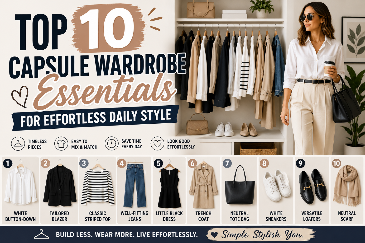 Top 10 Capsule Wardrobe Essentials for Effortless Daily StyleIn a world driven by fast fashion and constantly shifting trends, opening a closet bursting with clothes only to feel like you have "nothing to wear" is an all-too-common frustration. The modern solution to this daily decision fatigue? The Capsule Wardrobe.Coined in the 1970s by London boutique owner Susie Faux and popularized in recent years by minimalist fashion movements, a capsule wardrobe is a curated collection of high-quality, versatile clothing items that can be effortlessly mixed and matched to create endless outfits.By streamlining your closet with time-tested staples, you cut down on morning stress, save money in the long run, and elevate your personal aesthetic. In this comprehensive guide, we will explore the Top 10 Capsule Wardrobe Essentials for Effortless Daily Style, along with styling ideas and care tips to help you build a timeless, chic wardrobe.The Benefits of Building a Capsule WardrobeBefore diving into the individual pieces, letโs look at why adopting a capsule wardrobe is a game-changer for modern fashion enthusiasts:Eliminates Decision Fatigue: Having fewer, higher-quality choices streamlines your morning routine.Promotes Sustainable Fashion: Investing in classic, durable garments reduces textile waste caused by fast-fashion cycles.Saves Money: Buying versatile pieces that last for years ends the cycle of constant, impulse shopping.Guarantees Cohesive Style: When every item in your closet complements the others, putting together a polished outfit becomes second nature.Top 10 Capsule Wardrobe Essentials1. The Tailored White Button-Down ShirtThe classic white button-down is arguably the most versatile piece of clothing ever designed. It bridges the gap between formal and casual with effortless grace.How to Style It:Workwear: Tuck it into a pencil skirt or tailored trousers, layered under a structured blazer.Casual Weekend: Leave it unbuttoned over a simple tank top with relaxed denim and sneakers.Beach / Resort: Wear an oversized fit as a breezy cover-up over swimwear.Fabric Tip: Look for 100% crisp cotton or breathable linen depending on your local climate.2. The Perfectly Fitted Pair of Blue JeansDenim is the backbone of casual style. A high-quality pair of blue jeans in a classic cut acts as a canvas for virtually any top in your closet.Choosing the Right Cut:Straight-Leg: The most timeless silhouette that flatters almost every body type.Medium to Dark Wash: Darker washes transition seamlessly from day to night and tend to look more polished than heavily distressed styles.3. The Classic Neutral Trench CoatWhen it comes to outerwear, few items rival the chic sophistication of a classic double-breasted trench coat in tan, beige, or black.Why It Belongs in Your Capsule:Offers light protection against rain and cool winds during transitional seasons (spring and autumn).Cenches at the waist with a belt to create a flattering, structured silhouette over bulky layer pieces.4. A Tailored Blazer (Black, Navy, or Camel)A well-fitted blazer instantly elevates any outfit from average to refined. It adds structure to soft fabrics and structure to casual street style.How to Style It:Throw it over a simple white T-shirt and jeans for a cool, smart-casual aesthetic.Pair it over a slip dress or trousers for business meetings or evening dinners.5. The Perfect Crewneck White T-ShirtNever underestimate the power of a pristine, high-quality white T-shirt. The secret to making a simple tee look expensive lies in the fit, fabric weight, and neckline structure.What to Look For:Opt for medium-weight organic cotton that isn't see-through.Choose a neck style (crewneck or V-neck) that complements your body shape and neckline preference.6. The Little Black Dress (or Neutral Midi Dress)The "Little Black Dress" (LBD) has been a capsule staple for decades, thanks to its unmatched ability to adapt to any occasion.How to Style It:Daytime: Pair a jersey or linen midi dress with a denim jacket and white sneakers.Evening: Style with sleek heels, gold jewelry, and a structured clutch.7. A High-Quality Knit SweaterWhether made from cozy cashmere, wool, or cotton blend, a neutral-toned knit sweater is essential for layering throughout cooler months.Styling Strategy:Select neutral tones like cream, charcoal, beige, or soft camel. Wear it draped over your shoulders over a button-down shirt for a preppy look, or tucked into high-waisted trousers.8. Tailored Black TrousersA pair of slim-fit, wide-leg, or straight-leg black trousers serves as a versatile alternative to jeans when you need a more elevated look.Why They Work:Modern tailored trousers are no longer reserved strictly for the office. Paired with flat sneakers and a casual tee, they offer a comfortable yet sophisticated off-duty model aesthetic.9. Classic White SneakersFootwear can make or break a capsule wardrobe. Minimalist white leather or canvas sneakers offer the perfect blend of practical comfort and understated style.How to Style Them:White sneakers look just as good paired with tailored suits and dresses as they do with jeans and loungewear. Keep them clean and scuff-free for a sharp appearance.10. Leather Ankle Boots or LoafersTo round out your footwear choices, a pair of sleek leather loafers or classic Chelsea ankle boots provides a stylish transition between seasons.Why They Work:They add structure, polish, and warmth to outfits when sneakers feel too casual and heels feel overly formal.Capsule Wardrobe Master MatrixHere is a quick overview of how these 10 items function within a capsule framework:ItemPrimary CategoryColor PaletteKey Versatility FactorWhite Button-DownTopsCrisp White / Off-WhiteLayerable, formal to casualBlue JeansBottomsMedium to Dark WashDaily casual foundationTrench CoatOuterwearTan, Beige, or BlackWeather protection, chic layeringTailored BlazerOuterwear / LayeringNavy, Black, or CamelInstant outfit structureCrewneck White TeeTopsWhiteHigh-frequency layering baseLittle Black DressOne-PieceBlack / Dark NeutralDay-to-night flexibilityKnit SweaterTops / LayeringCream, Oatmeal, or GrayTexture and warmthBlack TrousersBottomsBlackSmart-casual to formalWhite SneakersFootwearBright WhiteCasual comfortAnkle Boots / LoafersFootwearBlack, Cognac, or BrownElevated everyday footwear4 Step-by-Step Tips to Build Your CapsuleReady to build your collection? Follow this simple roadmap:Step 1: Audit Your Current ClosetTake everything out of your wardrobe. Sort items into three piles: Keep, Donate, and Tailor/Repair. Keep only what fits well, feels comfortable, and aligns with your daily lifestyle.Step 2: Establish a Cohesive Color PaletteStick to a base of core neutrals (black, white, gray, navy, beige, camel). This guarantees that every top in your closet will pair effortlessly with every bottom.Step 3: Prioritize Quality Over QuantitySince you will be wearing these core 10 pieces frequently, focus on durable fabrics like organic cotton, silk, linen, wool, and genuine leather.Step 4: Add Personal AccessoriesUse belts, scarves, statement jewelry, and bags to add pops of seasonal color and express your unique personality without cluttering your core clothing rack.Final ThoughtsBuilding a capsule wardrobe isn't about limiting your self-expression; itโs about discovering freedom through simplicity. By investing in these Top 10 Capsule Wardrobe Essentials, you remove the daily stress of dressing up and ensure that you always walk out the door feeling confident, comfortable, and effortlessly stylish.Take a look into your closet todayโidentify which core staples you already own, make a list of what's missing, and start building your ultimate minimalist wardrobe!