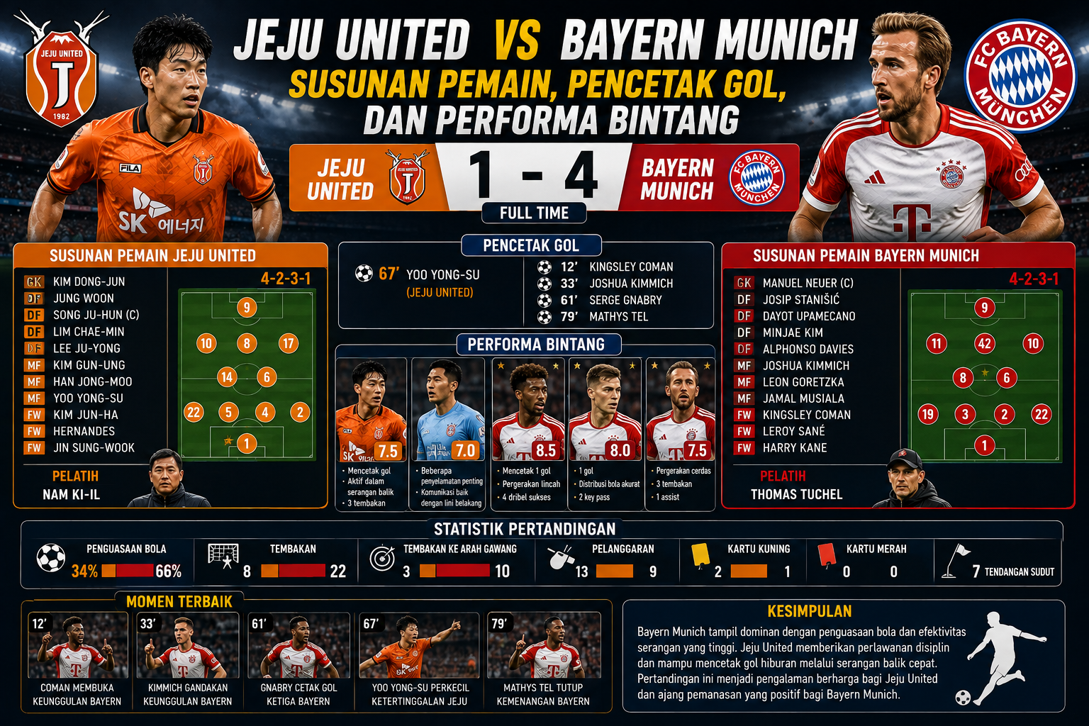 Jeju United vs Bayern Munich: Susunan Pemain, Pencetak Gol, dan Performa Bintang