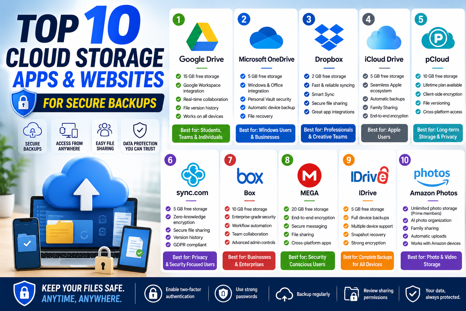 Top 10 Cloud Storage Apps and Websites for Secure Backups