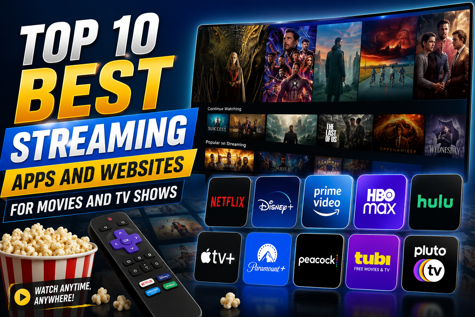 buatkan gambar/thumbnail dengan judul berikut ini Top 10 Best Streaming Apps and Websites for Movies and TV Shows