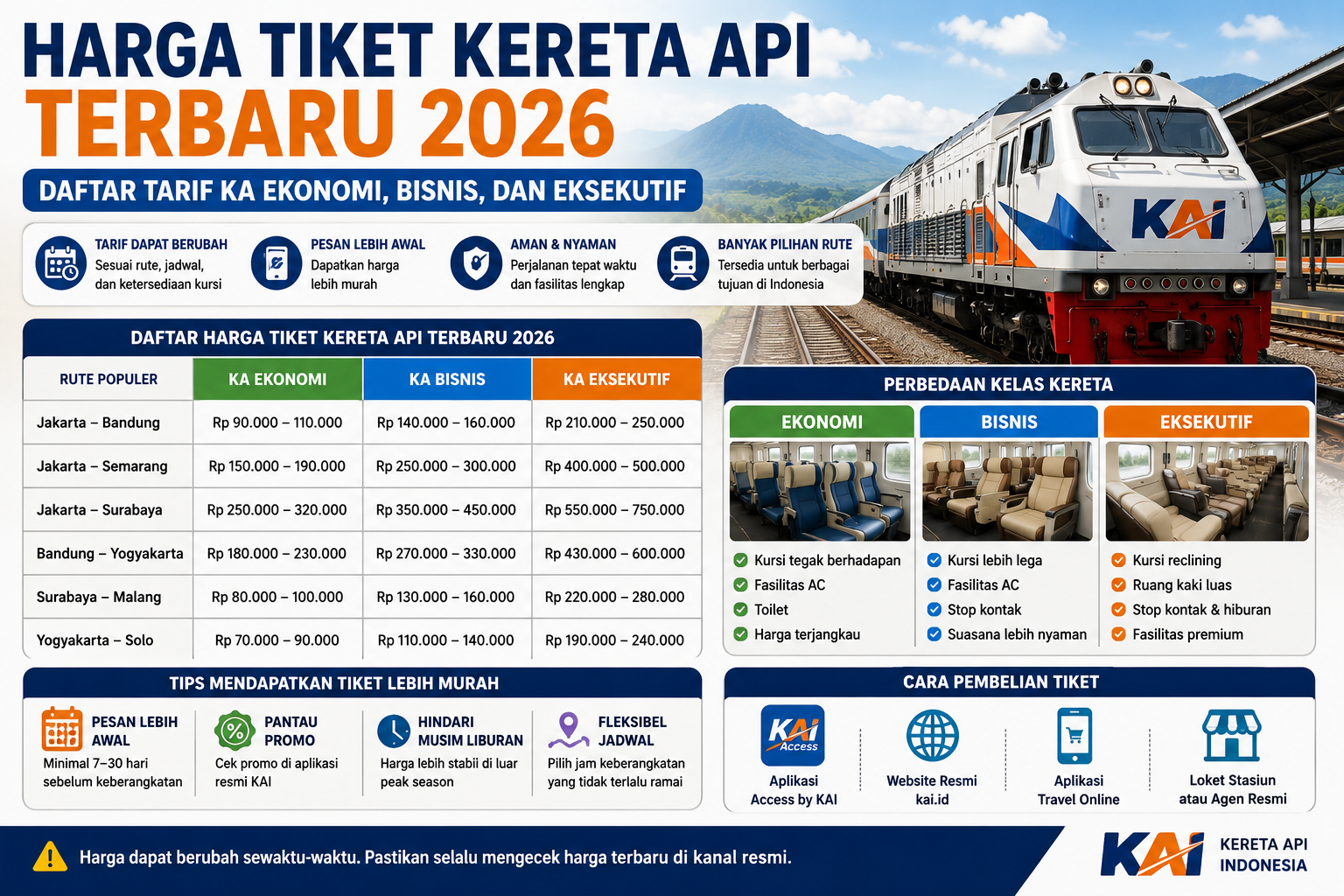 Harga Tiket Kereta Api Terbaru 2026: Daftar Tarif KA Ekonomi, Bisnis, dan Eksekutif