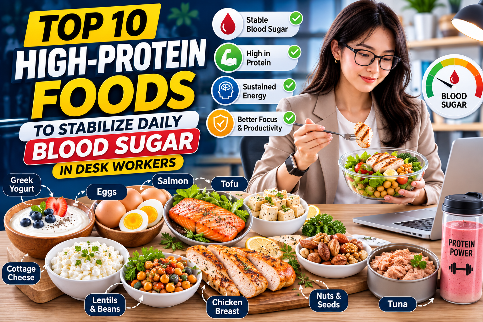 Top 10 High-Protein Foods to Stabilize Daily Blood Sugar in Desk Workers