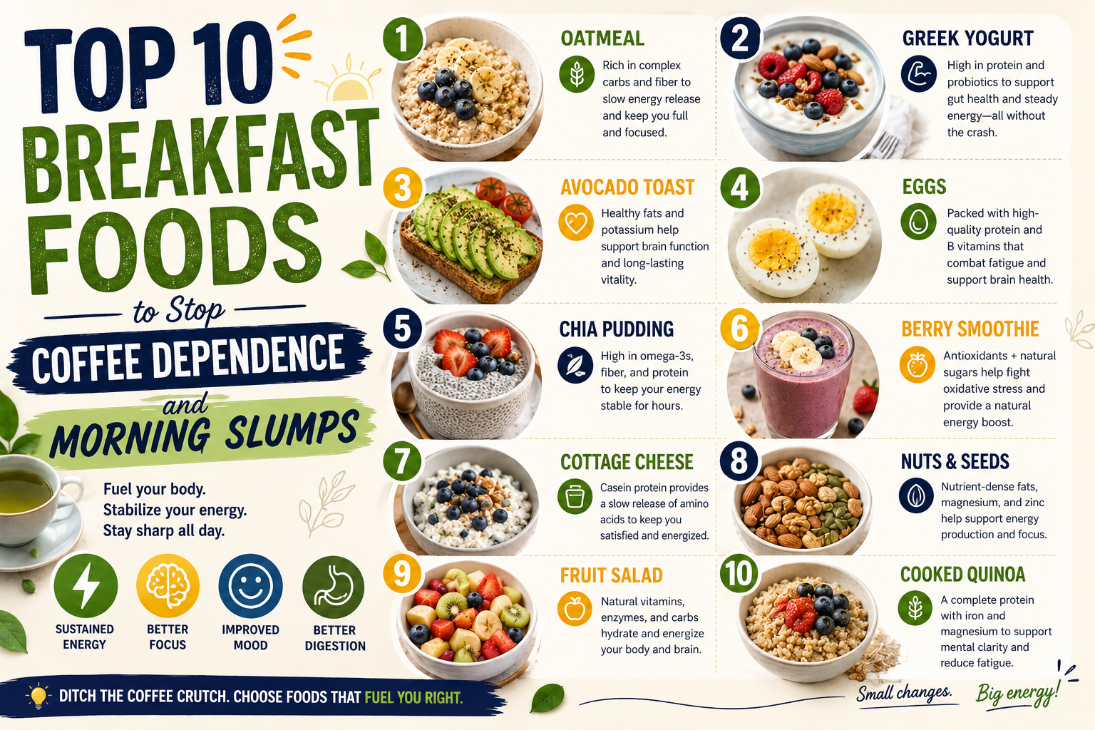 Top 10 Breakfast Foods to Stop Coffee Dependence and Morning Slumps