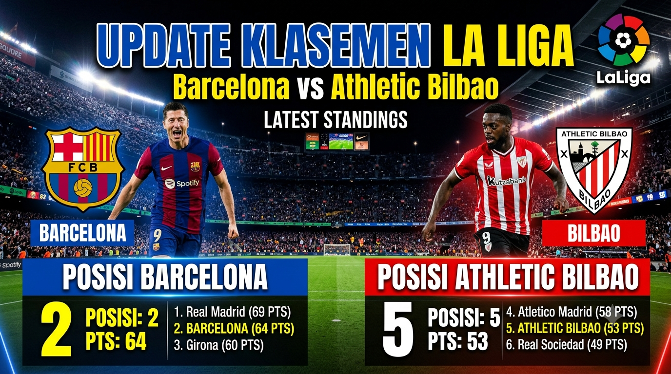 Update klasemen Barcelona vs Athletic Bilbao: Posisi Barcelona dan Athletic Bilbao