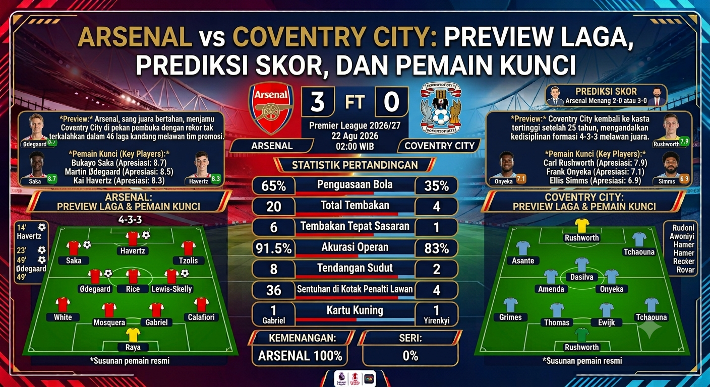 Arsenal vs Coventry City: Preview Laga, Prediksi Skor, dan Pemain Kunci