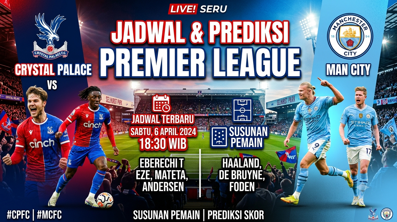 Jadwal Crystal Palace vs Man City Terbaru, Prediksi dan Susunan Pemain