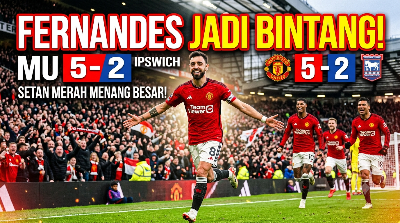 Fernandes Jadi Bintang, Manchester United Menang 5-2 atas Ipswich
