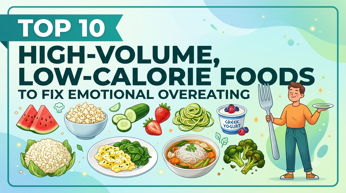 Emotional overeating often stems from a psychological drive to soothe stress, boredom, or sadness rather than true physical hunger. When emotional triggers hit, the urge to eat is immediate and intense, usually causing us to reach for hyper-palatable, calorie-dense foods like potato chips, chocolate, or fast food. The primary challenge with satisfying an emotional craving with high-calorie foods is volume. Emotional eating is often mindless; you want the sensory action of chewing and the physical feeling of fullness. Eating a small portion of a high-calorie snack rarely satisfies this drive, leading to rapid overconsumption of calories, followed by guilt and physical discomfort. This is where Volume Eating becomes a game-changer. Volume eating focuses on consuming foods with high water, fiber, and air content. These foods deliver a large physical volume for very few calories, allowing you to fill your stomach, activate fullness stretch receptors, and satisfy the oral sensation of chewing without overloading your daily energy intake. Incorporating these top 10 high-volume, low-calorie foods into your routine can help you gain control over emotional overeating while keeping your nutrition on track. 1. Watermelon Watermelon is composed of roughly 92% water, making it one of the absolute best high-volume foods for curbing sweet-tooth emotional cravings. Caloric Density: ~46 calories per cup (152g). Why It Fixes Emotional Overeating: Emotional cravings often present as an intense desire for sugar and hydration simultaneously. Watermelon allows you to eat a massive bowl for under 100 calories. The high water content physically expands the stomach, triggering neural signals to the brain that signal satiety. How to Prepare: Cut fresh watermelon into small, bite-sized cubes and chill them in the fridge. When an emotional urge strikes, the cold, crisp texture provides immediate sensory relief. 2. Air-Popped Popcorn If your emotional eating triggers are linked to stress, anxiety, or boredom while watching TV, air-popped popcorn is your ideal ally. Caloric Density: ~31 calories per cup (plain, air-popped). Why It Fixes Emotional Overeating: Popcorn is rich in complex carbohydrates and dietary fiber. More importantly, it provides a high hand-to-mouth movement ratio. When stressed, the repetitive motion of reaching for food and chewing provides a calming mechanism. Three full cups of popcorn contain under 100 calories, giving you prolonged crunch time without the heavy caloric penalty of chips. How to Prepare: Pop the kernels using hot air. Skip the heavy butter and oil; instead, mist lightly with water or low-calorie cooking spray and sprinkle with nutritional yeast, smoked paprika, or sea salt. 3. Cucumber Slices Cucumbers offer maximum crunch with virtually non-existent calories, making them perfect for mindless crunching triggered by frustration or stress. Caloric Density: ~16 calories per cup (with peel). Why It Fixes Emotional Overeating: Cucumbers are over 95% water. When emotional distress makes you want to chew vigorously to release tension, cucumbers act as a low-risk outlet. You can consume two whole cucumbers and bare minimal calories. How to Prepare: Slice them thinly using a mandoline, spray lightly with rice vinegar, and sprinkle with Everything Bagel Seasoning or chili flakes. The sharp crunch and bold flavor help reset your palate and distract from emotional cues. 4. Strawberries and Berries Berries—especially strawberries—are nature’s answer to emotional sugar cravings. Caloric Density: ~49 calories per cup of whole strawberries. Why It Fixes Emotional Overeating: Berries are rich in natural sugars, vitamin C, and soluble fiber. The fiber slows down digestion, stabilizing blood sugar spikes that usually follow emotional binges. Because they are smaller, eating a portion requires time, forcing you to slow down the pace of consumption. How to Prepare: Wash a big bowl of strawberries and enjoy them fresh, or freeze them. Frozen strawberries take much longer to chew, naturally breaking the fast-paced cycle of an emotional eating episode. 5. Zucchini and Summer Squash Zucchini is a versatile, high-volume vegetable that can easily replace dense starches in comfort meals. Caloric Density: ~19 calories per cup (chopped). Why It Fixes Emotional Overeating: Emotional eating often demands heavy comfort foods like pasta. Zucchini can be spiraled into "zoodles" or sliced into thin ribbons to mimic pasta noodles. This trick tricks the mind into feeling like it is consuming a large, satisfying bowl of comfort food while keeping energy density extremely low. How to Prepare: Spiralize fresh zucchini, sauté lightly for 2-3 minutes, and top with marinara sauce and a lean protein. 6. Greek Yogurt (Non-Fat, Plain) When emotional eating calls for rich, creamy textures, non-fat Greek yogurt is the ultimate nutrient-dense option. Caloric Density: ~100 calories per 170g (3/4 cup). Why It Fixes Emotional Overeating: Unlike pure water-and-fiber foods, Greek yogurt delivers a heavy dose of protein (around 15–18g per serving). Protein triggers the release of satiety hormones like peptide YY and GLP-1 while reducing levels of the hunger hormone ghrelin. The thick texture satisfies the craving for ice cream or pudding while actively suppressing appetite. How to Prepare: Mix plain non-fat Greek yogurt with liquid stevia or vanilla extract, and top with a handful of fresh berries or a dash of cinnamon. 7. Cauliflower (Riced or Roasted) Cauliflower is one of the most adaptable high-volume vegetables available, capable of adding bulk to almost any savory dish. Caloric Density: ~25 calories per cup (chopped). Why It Fixes Emotional Overeating: Emotional urges often demand dense, savory plates of food like fried rice or mashed potatoes. Cauliflower can be riced or steamed and mashed to replicate these high-calorie staples, allowing you to double your plate's volume without increasing its caloric burden. How to Prepare: Swap half (or all) of your white rice for riced cauliflower in stir-fries, or blend steamed cauliflower with garlic and a splash of unsweetened almond milk for a low-calorie mashed potato substitute. 8. Egg Whites For savory, emotional cravings that hit late at night or during stressful mornings, egg whites offer pure, low-calorie protein volume. Caloric Density: ~17 calories per large egg white. Why It Fixes Emotional Overeating: Egg whites are almost pure protein and water. Eating five or six egg whites provides a massive volume of warm, satisfying food for less than 100 calories. The high protein content quickly blunts physiological hunger, helping you determine whether your desire to eat was truly physical or purely emotional. How to Prepare: Scramble egg whites with fresh spinach, tomatoes, and mushrooms. The added vegetables boost the physical volume and fiber content even further. 9. Shirataki Noodles (Konjac Noodles) Shirataki noodles are composed almost entirely of water and glucomannan, a soluble dietary fiber derived from the konjac plant root. Caloric Density: ~5 to 15 calories per 100g serving. Why It Fixes Emotional Overeating: When an emotional craving demands a heavy meal like ramen or pasta, shirataki noodles allow you to eat a massive bowl with virtually zero caloric impact. The soluble fiber forms a gel-like substance in the stomach, delaying gastric emptying and creating a deep feeling of physical fullness. How to Prepare: Rinse the noodles thoroughly under cold water, boil for two minutes, and dry-roast them in a pan to improve their texture. Serve in a savory, low-sodium vegetable or chicken broth. 10. Broccoli and Cabbage Cruciferous vegetables like broccoli and cabbage require heavy chewing and take up substantial real estate in your stomach. Caloric Density: ~31 calories per cup of chopped broccoli; ~22 calories per cup of chopped cabbage. Why It Fixes Emotional Overeating: The dense structure and high insoluble fiber content of these vegetables require significant oral mastication. Chewing slows down the pace of your eating, giving your brain the necessary 15 to 20 minutes to register fullness. Furthermore, the fiber takes longer to break down, preventing post-eating energy crashes. How to Prepare: Shred raw cabbage into a crisp coleslaw with rice vinegar and mustard, or roast broccoli florets in the oven with garlic powder until crisp and caramelized. Nutritional Comparison of High-Volume Foods To help you quickly choose the right volume food based on your current craving, here is a summary breakdown: Food Item Calories (per cup / serving) Primary Benefit for Emotional Eating Best Used For Watermelon ~46 kcal (152g) Hydration, natural sweetness, stretch receptor activation Sweet cravings, daytime snacking Popcorn (Air-Popped) ~31 kcal (1 cup) High hand-to-mouth repetition, dietary fiber Boredom eating, TV/movie night Cucumber ~16 kcal (1 cup) Maximum water content, loud stress-relieving crunch Stress chewing, savory craving Strawberries ~49 kcal (1 cup) Soluble fiber, blood sugar stabilization Sweet tooth relief, dessert substitute Zucchini ~19 kcal (1 cup) Low-carb replacement for heavy comfort starches Evening meals, pasta cravings Greek Yogurt (Non-Fat) ~100 kcal (170g) High protein, satiety hormone stimulation Ice cream replacement, creamy cravings Cauliflower ~25 kcal (1 cup) Bulk builder, versatile flavor sponge Rice/mashed potato replacement Egg Whites ~17 kcal (1 large white) Pure protein volume, fast satiety Late-night savory cravings, breakfast Shirataki Noodles ~10 kcal (100g) Viscous soluble fiber, delays gastric emptying Noodle/ramen cravings Broccoli & Cabbage ~22–31 kcal (1 cup) Prolonged chewing time, slow digestion rate Dinner side dishes, crunch craving Psychological and Behavioral Strategies to Stop Emotional Eating While high-volume, low-calorie foods act as a powerful physical buffer, addressing emotional overeating long-term requires shifting your psychological response to stress and negative emotions. 1. Implement the 20-Minute Pause Rule Emotional cravings hit like a wave—they are sudden, intense, and urgent. However, true physiological hunger develops gradually. When an emotional urge strikes, tell yourself: "I can have this food, but I will wait 20 minutes first." During those 20 minutes, step away from the kitchen and engage in an alternative activity like walking, stretching, or calling a friend. Often, the peak of the emotional urge will pass. 2. Practice the "HALT" Check-In Before opening the refrigerator, take 10 seconds to run through the HALT acronym. Ask yourself if you are feeling: Hungry? (Is your stomach physically empty, or are you looking for a distraction?) Angry? (Do you need to process frustration rather than swallow it?) Lonely? (Do you need connection instead of comfort food?) Tired? (Do you need rest or sleep instead of quick energy from food?) Identifying the true root emotion prevents you from using food as a temporary bandage for non-food problems. 3. Build a Non-Food Comfort Menu If food is your only coping mechanism for stress, stopping emotional overeating will feel impossible. Create a physical list of non-food activities that bring you comfort or dopamine, such as: Taking a hot shower or bath. Journaling your thoughts for 5 minutes. Listening to a favorite podcast or music playlist. Practicing box breathing (inhale for 4s, hold for 4s, exhale for 4s, hold for 4s). Final Thoughts Overcoming emotional overeating is not about willpower, strict deprivation, or punishing yourself with tiny portions. It is about working with your body’s natural physiology. By leveraging high-volume, low-calorie foods, you can satisfy the physical desire to eat, chew, and feel full without sabotaging your health or weight goals. Combine these volume eating choices with mindful emotional check-ins, and you will gradually build a sustainable, healthy relationship with food.