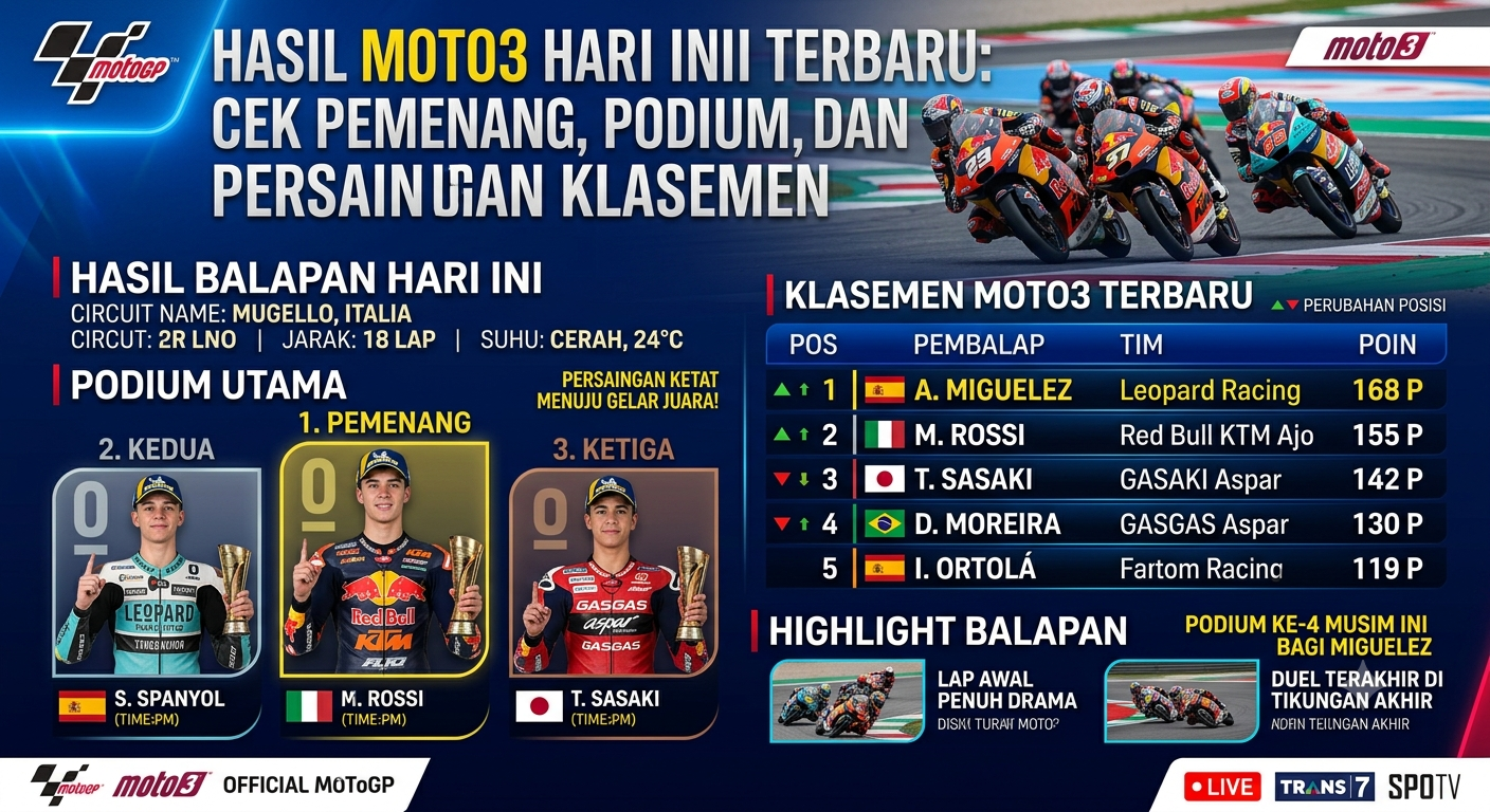Hasil Moto3 Hari Ini Terbaru: Cek Pemenang, Podium, dan Persaingan Klasemen
