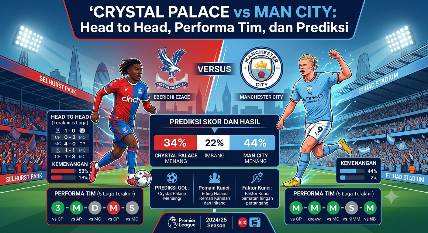 Crystal Palace vs Man City: Head to Head, Performa Tim, dan Prediksi
