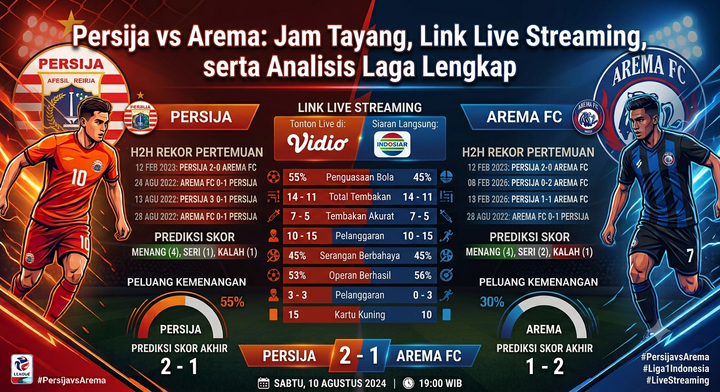 Persija vs Arema: Jam Tayang, Link Live Streaming, serta Analisis Laga Lengkap