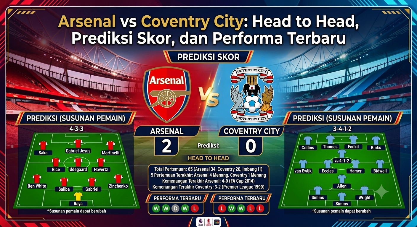 Arsenal vs Coventry City: Head to Head, Prediksi Skor, dan Performa Terbaru