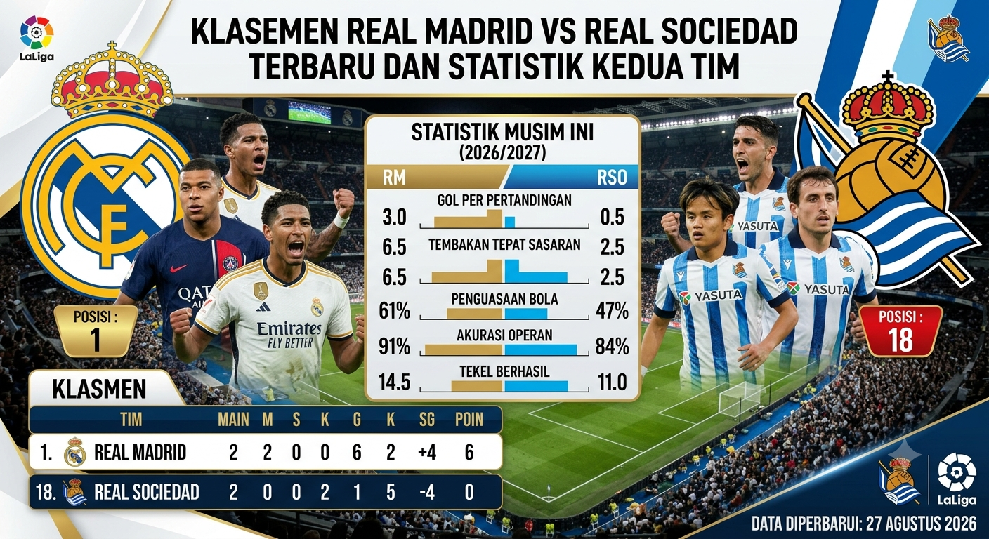 Klasemen Real Madrid vs Real Sociedad Terbaru dan Statistik Kedua Tim