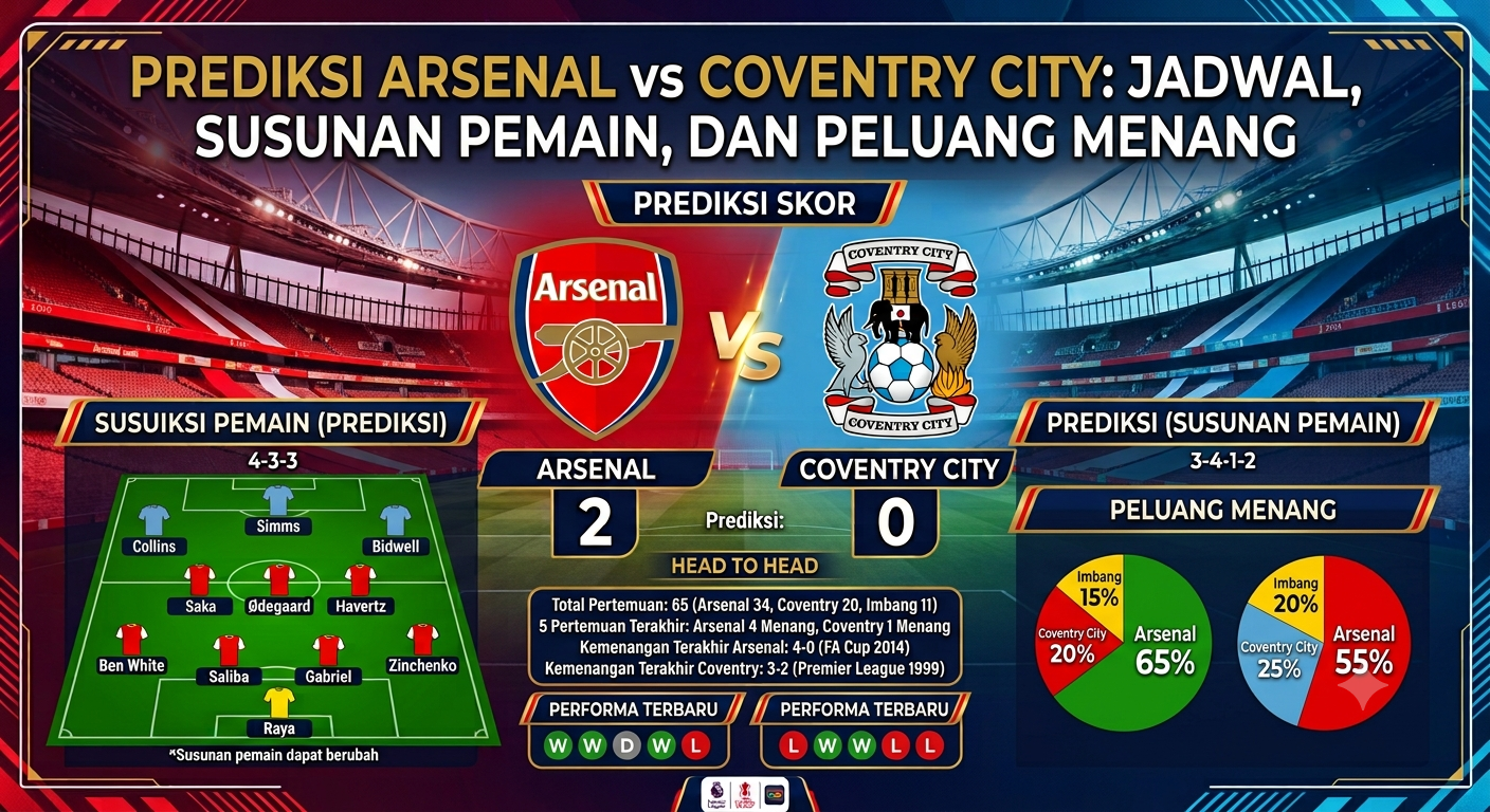 Prediksi Arsenal vs Coventry City: Jadwal, Susunan Pemain, dan Peluang Menang
