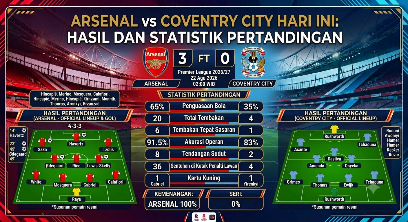 Arsenal vs Coventry City Hari Ini: Prediksi Skor dan Statistik Pertandingan