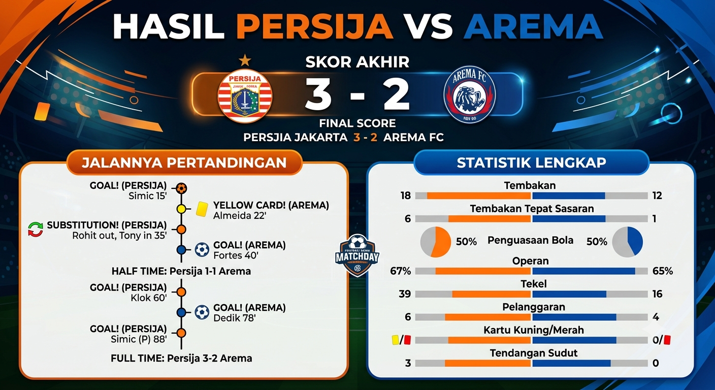 Hasil Persija vs Arema: Skor Akhir, Jalannya Pertandingan, dan Statistik Lengkap