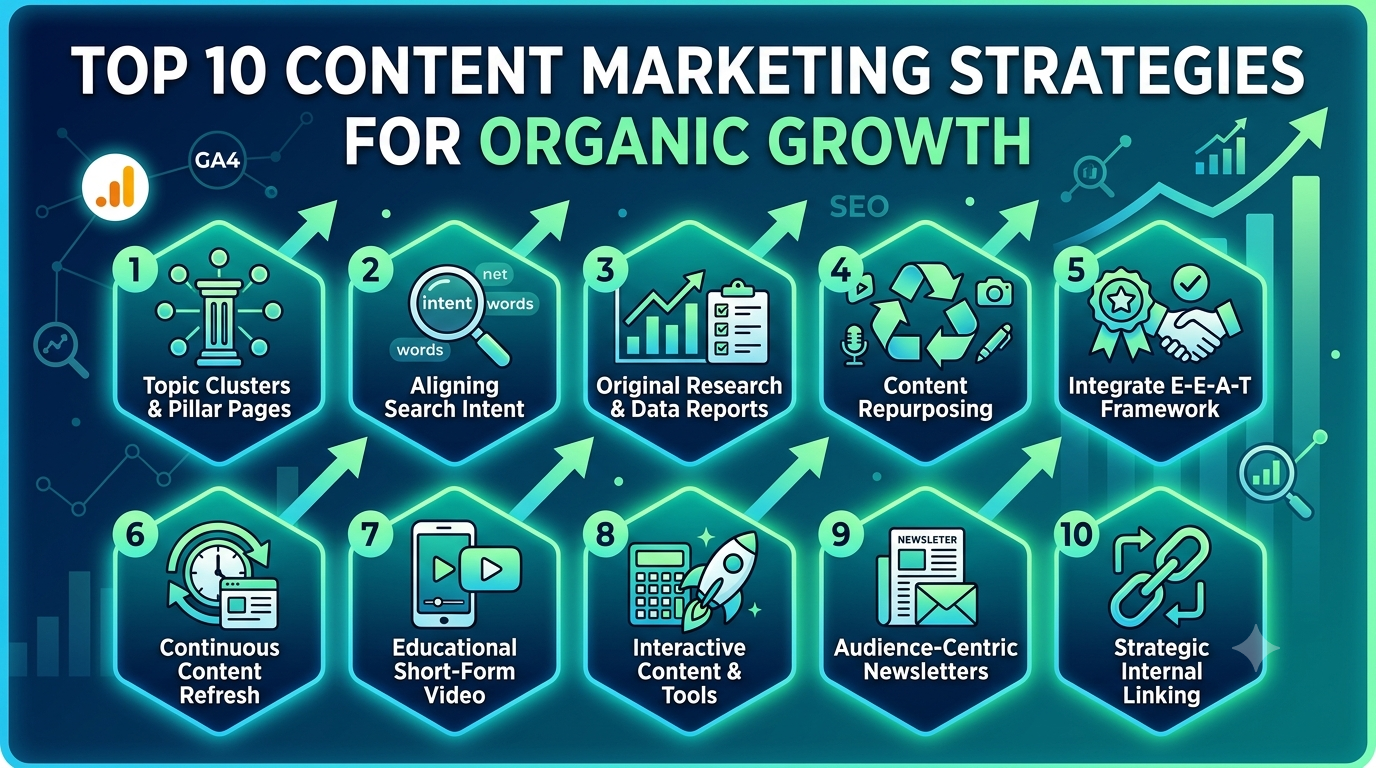 Top 10 Best Content Marketing Strategies for Organic GrowthBuilding a sustainable online presence requires more than simply publishing blog posts and waiting for web traffic to arrive. In today's digital ecosystem, organic growth demands a structured, strategic approach that aligns high-quality content with user search intent, audience psychology, and technical best practices.Content marketing remains one of the most cost-effective and scalable avenues for acquiring leads, establishing brand authority, and building long-term customer loyalty. By focusing on organic mechanisms rather than relying exclusively on paid media, businesses can create digital assets that generate compound returns over time.This guide details the Top 10 Best Content Marketing Strategies for Organic Growth, offering actionable frameworks to help you elevate your brand visibility and convert casual visitors into dedicated community members.The Value of Organic Content MarketingUnlike paid advertising, which stops generating traffic the moment budget allocations end, organic content marketing creates lasting digital equity. Implementing structured content strategies provides clear business advantages:Compound Traffic Returns: High-ranking pillar pages and evergreen resources attract qualified visitors consistently for months or years after publication.Enhanced Brand Trust & Authority: Educational, non-salesy content positions your brand as an industry thought leader and trusted advisory source.Lower Customer Acquisition Cost (CAC): Relying on organic channels reduces dependencies on paid ad channels and protects customer acquisition economics.Higher Conversion Quality: Searchers finding solutions organically often demonstrate higher purchasing intent than users targeted via disruptive paid ads.Quick Overview: Top 10 Growth StrategiesStrategyPrimary ObjectiveTarget Impact1. Topic Cluster & Pillar StrategyBuild deep topical authority on key industry themesImproved search indexing & ranking depth2. Search Intent AlignmentMatch content formats with specific user queriesReduced bounce rates & higher conversions3. Original Research & Data ReportsEarn authoritative, high-quality backlinks naturallyDomain authority & media citations4. Multi-Format Content RepurposingMaximize reach across diverse media channelsExpanded audience touchpoints5. E-E-A-T Framework IntegrationEstablish credibility, trust, and subject masteryStronger alignment with search quality metrics6. Continuous Content Refresh CyclesMaintain ranking velocity for existing URL assetsQuick organic traffic recovery & gains7. Educational Short & Long-Form VideoCapture high-engagement audience trafficHigher session duration & dwell times8. Interactive Content & CalculatorsDrive user engagement and lead generationIncreased viral reach & backlink generation9. Audience-Centric Newsletter MarketingNurture direct, un-algorithm-dependent distributionHigher subscriber retention & loyalty10. Strategic Internal Link EngineeringDistribute page authority and improve crawl pathEnhanced indexing & user navigationDetailed Breakdown of the Top 10 Strategies1. Build Topic Clusters and Pillar PagesSearch engines have evolved from recognizing standalone keywords to evaluating overall topical authority. Instead of targeting isolated search terms, structure your content using the Topic Cluster Model.How It Works: Create a comprehensive "Pillar Page" that covers a broad topic in depth. Then, write multiple "Cluster Posts" that explore subtopics in detail, hyperlinking every cluster post back to the central pillar page.Why It Drives Organic Growth: This structure signals to search crawlers that your site possesses comprehensive expertise on a core subject, raising rankings for all connected pages across the cluster.2. Match Content Directly to Search IntentTraffic growth fails to deliver business value if your content does not answer the precise problem a searcher is trying to solve. Content must strictly align with one of the four primary search intent categories:Informational Intent: Users seeking knowledge (e.g., "How to scale organic traffic"). Best served by detailed guides, tutorials, and infographics.Navigational Intent: Users looking for a specific website or portal (e.g., "HubSpot login"). Best served by clean landing pages.Commercial Investigation: Users evaluating available options (e.g., "Best email marketing software for small business"). Best served by comparison tables, reviews, and pros/cons lists.Transactional Intent: Users ready to purchase or convert (e.g., "Buy SEO audit subscription"). Best served by optimized sales or product pages.Execution Tip: Before drafting, analyze the top three search results for your target query to determine the preferred media format, tone, and structural expectations.3. Publish Original Research, Surveys, and Case StudiesAcquiring high-quality backlinks from authoritative publications remains one of the strongest ranking factors. Rather than cold-emailing journalists for links, publish original data, industry surveys, or unique proprietary insights that naturally encourage citations.Strategy in Action: Survey your industry peers, analyze internal product usage data, or run an experiment testing a common industry belief.Organic Payoff: Industry writers, bloggers, and journalists actively search for statistical proof to validate their own articles. By becoming the primary source of that data, your pages naturally attract passive, high-authority backlinks over time.4. Systematize Multi-Format Content RepurposingCreating exceptional content requires significant investment. Maximize your return on effort by establishing a systematic content repurposing pipeline that turns a single major resource into multiple channel assets.Repurposing Workflow Example:Publish a deep-dive Long-Form Guide on your blog.Extract key sub-sections to host a Podcast Episode or YouTube Video.Slice video highlights into TikToks, YouTube Shorts, or Instagram Reels.Condense key statistical takeaways into a multi-slide LinkedIn Carousel or X Thread.Growth Impact: Repurposing allows you to engage distinct audience segments across their preferred platforms without constantly reinventing topic ideas from scratch.5. Optimize for E-E-A-T (Experience, Expertise, Authoritativeness, Trustworthiness)Modern search engine guidelines prioritize content that demonstrates clear real-world experience and professional expertise. This is particularly crucial for "Your Money or Your Life" (YMYL) niches such as finance, healthcare, and legal services.Practical Steps for Implementation:Include detailed author bios showcasing verified credentials, degrees, or real-world experience.Include first-person testing details, unique screenshots, and hands-on examples that automated AI tools cannot replicate.Cite reputable third-party academic sources, scientific studies, or official documentation to support claims.6. Implement Systematic Content RefreshesPublishing new content continuously is only half the equation; ignoring decaying content can drag down your domain's overall search authority. Outdated statistics, dead links, and shifting search intent cause rankings to decline over time.Optimization Protocol: Conduct quarterly content audits to identify posts experiencing traffic declines. Update old statistics, improve heading structures, add fresh media, fill content gaps, and rewrite meta descriptions.Growth Impact: Content updates often yield faster organic traffic recovery and growth than drafting brand-new articles from scratch, as the target URLs already possess established domain index history and backlink value.7. Leverage Educational Vertical Video and Long-Form VideoVideo content continues to dominate online media consumption. Integrating video alongside written content significantly increases page engagement, session duration, and audience connection.Dual-Video Strategy:Long-Form Video: Host comprehensive tutorials on YouTube to capture intent-based video queries directly on the web's second-largest search engine.Short-Form Video: Embed concise video walkthroughs within blog posts to boost reader retention and answer quick tactical questions visually.Organic SEO Synergy: Pages with embedded, relevant videos typically display higher average session durations, sending positive engagement signals to search engines.8. Create Interactive Tools and CalculatorsStatic content informs users, but interactive content actively engages them. Tools such as ROI calculators, assessment quizzes, template builders, and interactive checklists deliver immediate, functional utility.Why It Scales Organic Reach:High Linkability: Webmasters and resource pages frequently link to practical calculators and interactive tools.Viral Sharing: Users naturally share tools that give personalized insights or grade their efforts (e.g., website speed test tools).Lead Generation: Interactive tools convert organic visitors at significantly higher rates than passive download forms.9. Build an Audience-Centric Newsletter EcosystemRelying exclusively on search engine algorithms creates business vulnerability. A robust content strategy must include mechanisms to convert casual search traffic into owned direct relationships via email list subscriptions.Best Practices:Avoid generic "Subscribe to my newsletter" popups; instead, offer specific lead magnets directly aligned with the content topic (e.g., downloadable templates, cheatsheets, or exclusive video teardowns).Deliver consistent, non-promotional value in every email send to build high open rates and long-term brand equity.Organic Growth Loop: A strong newsletter list provides an immediate, reliable source of audience traffic whenever you publish new major content pieces or research reports.10. Engineer Strategic Internal Link ArchitectureInternal linking is one of the most powerful—yet frequently underutilized—on-page SEO levers. A clear internal link architecture helps search engine crawlers discover new pages while distributing link equity across your domain.Internal Linking Best Practices:Use descriptive, keyword-rich anchor text rather than generic phrasing like "click here" or "source."Link high-authority pages (such as your homepage or top backlink-earning posts) directly to newly published articles to accelerate indexation.Ensure every strategic page on your domain is accessible within three clicks from the homepage.How to Execute Your Content Growth RoadmapTo implement these ten content marketing strategies effectively, execute them through a phased operational framework:Phase 1: Build Foundational Assets (Months 1–3): Map out your core topic clusters, design high-converting pillar pages, and align your publishing calendar with clear keyword search intent.Phase 2: Scale Distribution & Engagement (Months 4–6): Introduce multi-format repurposing routines, embed educational short-form videos into key guides, and launch interactive lead tools.Phase 3: Optimize Authority & Performance (Months 7–12): Conduct original research reports to earn tier-one backlinks, implement routine content refreshes, and fine-tune your internal linking structure.Frequently Asked Questions (FAQs)How long does it take for content marketing strategies to drive organic growth?Organic content strategies typically begin generating measurable traction within 3 to 6 months. Compounding growth generally accelerates between months 6 and 12 as your domain builds topical authority, earns backlinks, and expands its footprint across search engine indexes.Should I prioritize short-form or long-form content for SEO?Both play vital roles. Comprehensive long-form content (1,500 to 3,000+ words) excels at establishing topical depth, ranking for broad search terms, and acquiring backlinks. Short-form content excels at quick tactical engagement, social distribution, and catering to users seeking fast answers on mobile devices.How often should I perform a content audit and update old posts?Conducting a comprehensive content audit every 6 to 12 months is ideal for growing websites. Pages that have experienced noticeable traffic declines should be prioritized for updates immediately.ConclusionOrganic content growth is not the result of luck or random viral moments; it is the natural product of deliberate, structured execution. By combining topical authority models, search intent alignment, original research, and strategic content repurposing, you build a resilient, scalable traffic engine that drives real business value year after year. Select two or three core strategies to master first, measure your performance data closely, and expand your operations systematically.